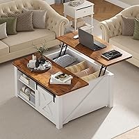 Vista 9 de DUMOS Mesa auxiliar, mesa central elevadora con almacenamiento, mesas cuadradas para sala de estar con estantes ajustables, mesa de centro de madera