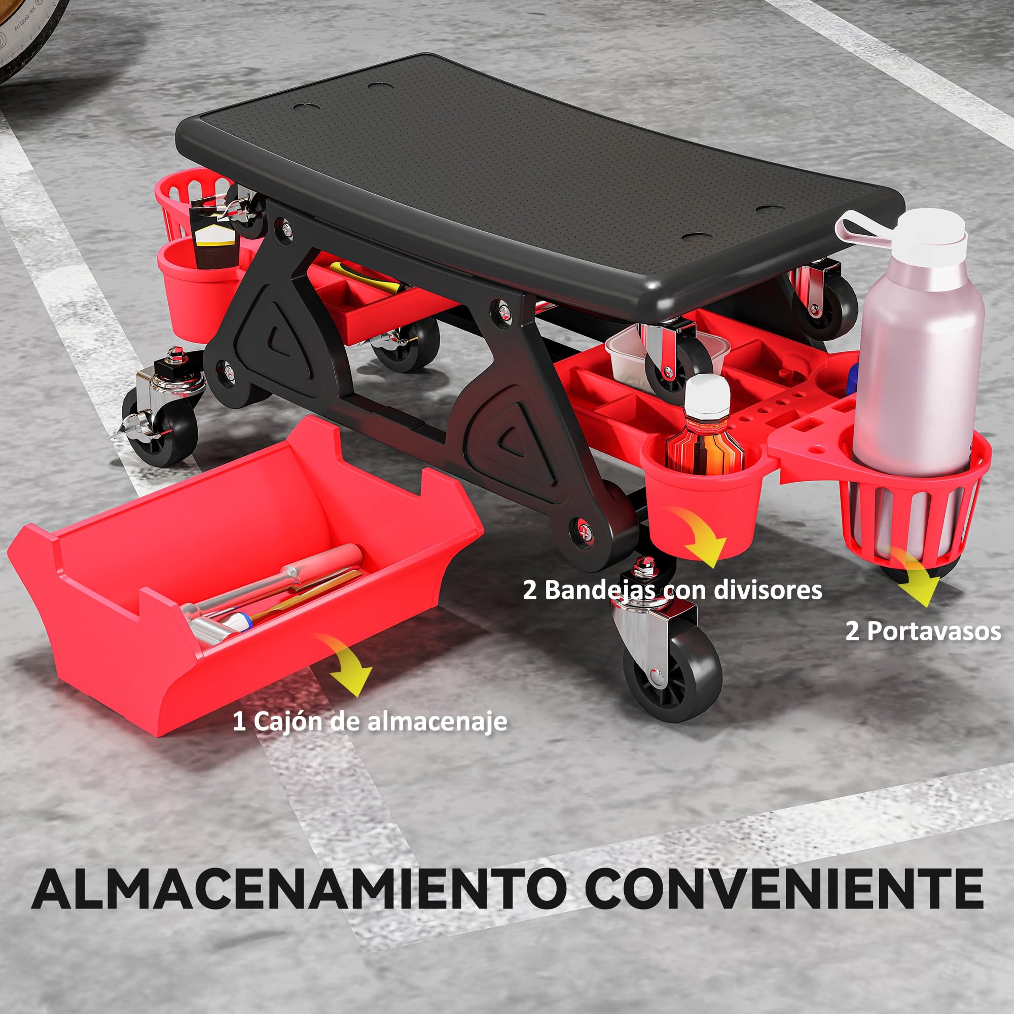 HOMCOM Taburete de Taller Giratorio con Ruedas Altura Ajustable Asiento Taburete para Mecánico con 2 Bandejas para Herramientas Portavasos Cajón Carga 135 kg para Garaje Reparación de Automóviles Rojo