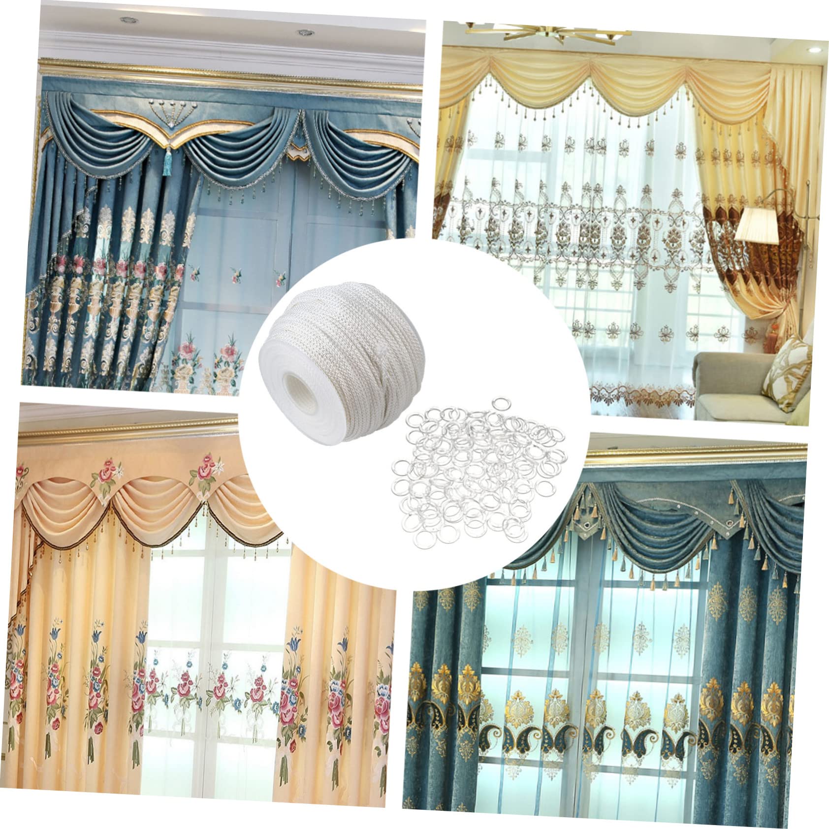 Kit Corde Blanche Pour Rideaux Avec Anneaux En Plastique - 50 Mètres De Corde Et Crochets - Pour Stores Romains Et Tringles - 3