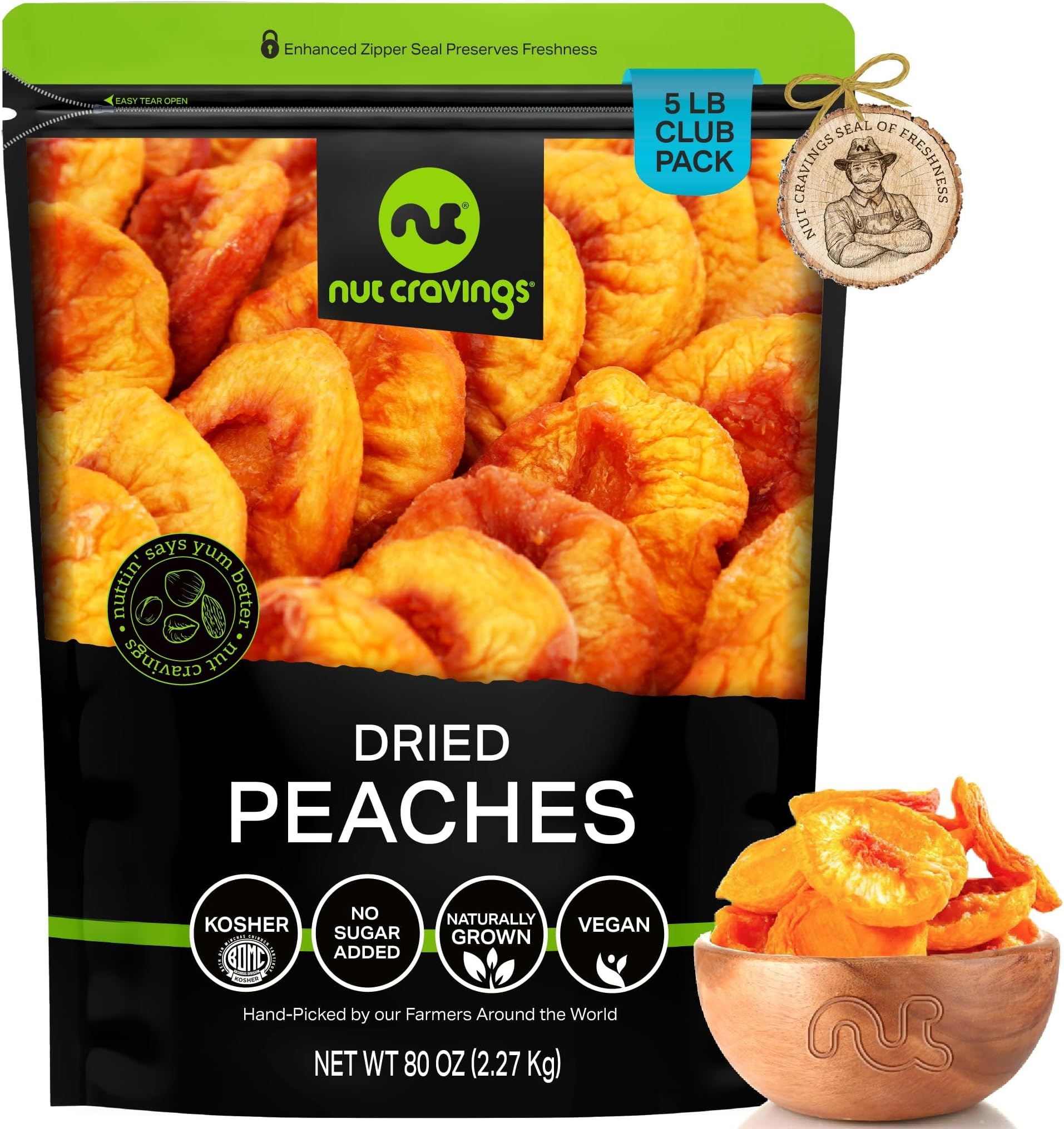 NUT CRAVINGS - Dried California Peaches, No Sugar Added, Unsweetened (80oz, 5 LB) Sweet Healthy Snack, Vegan, Kosher, Resealable Bag