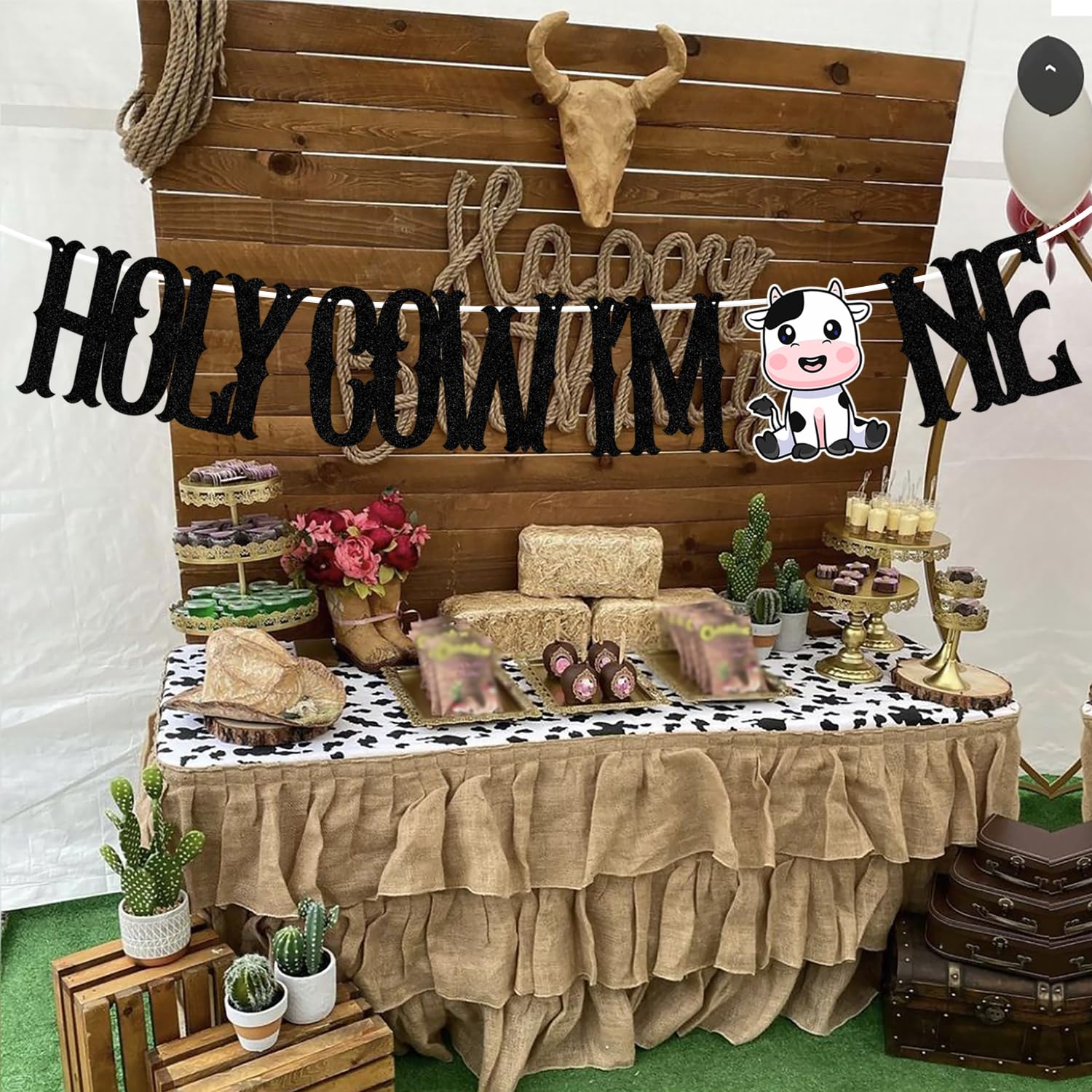 "Holy Cow I'm One" Cow-Themed Birthday Banner - Glitter 1st Birthday Decorations With Cow Garland, Farm Animal Party Supplies