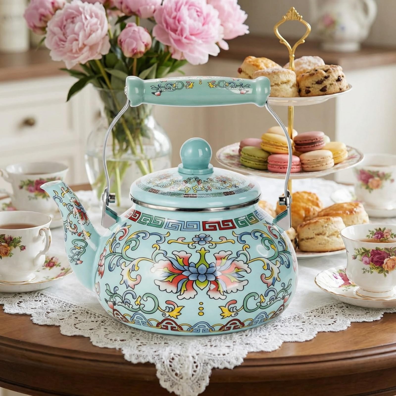 Floral Enamel Tea Kettle - Vintage Style -8