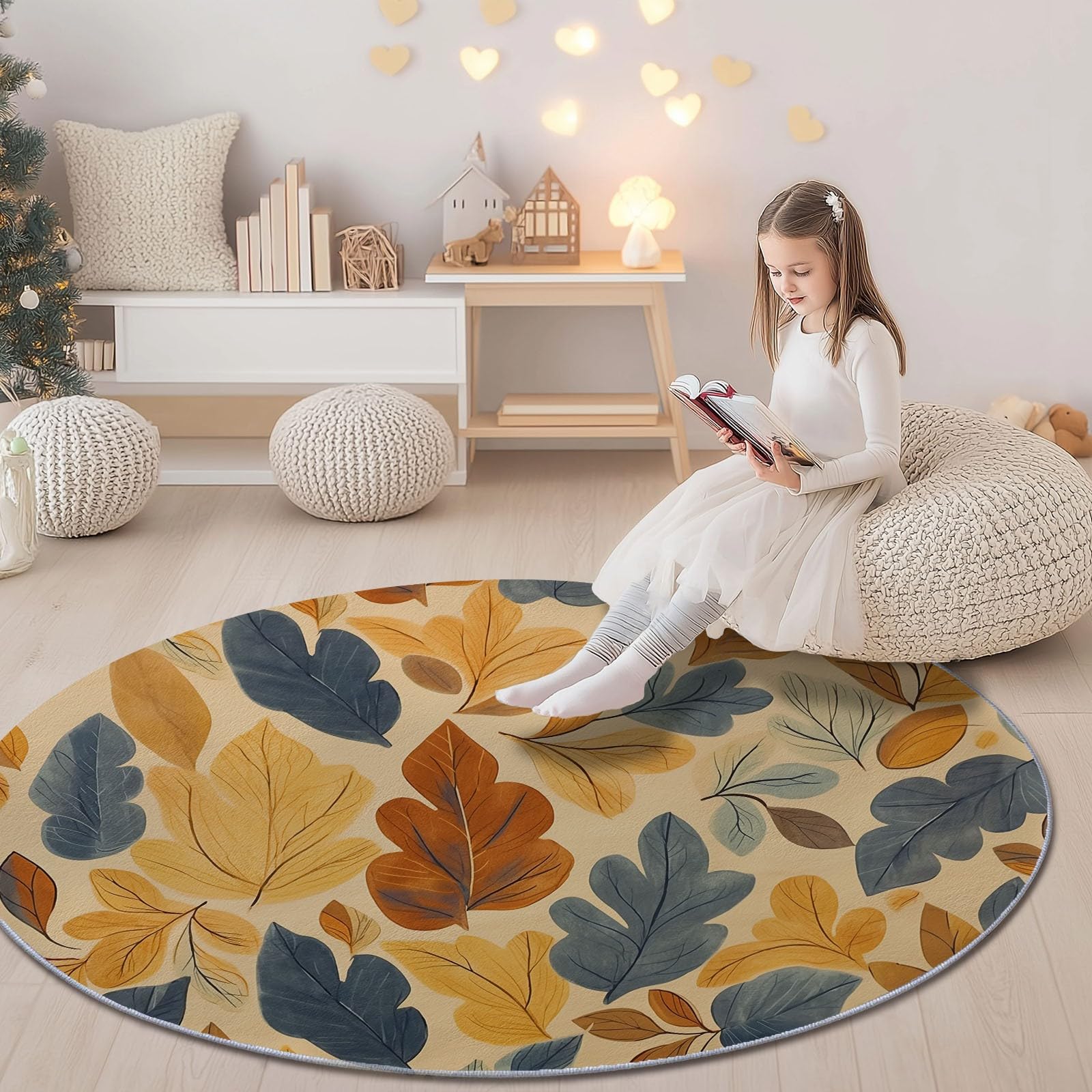 Teppich Rund 120 cm, Mehrfarbig Weich und Flauschig Teppich, Gegend Kreis rutschfest Waschbar Exquisit Gestreift Blatt Bedruckt Bodenteppich für Wohnzimmer Schlafzimmer