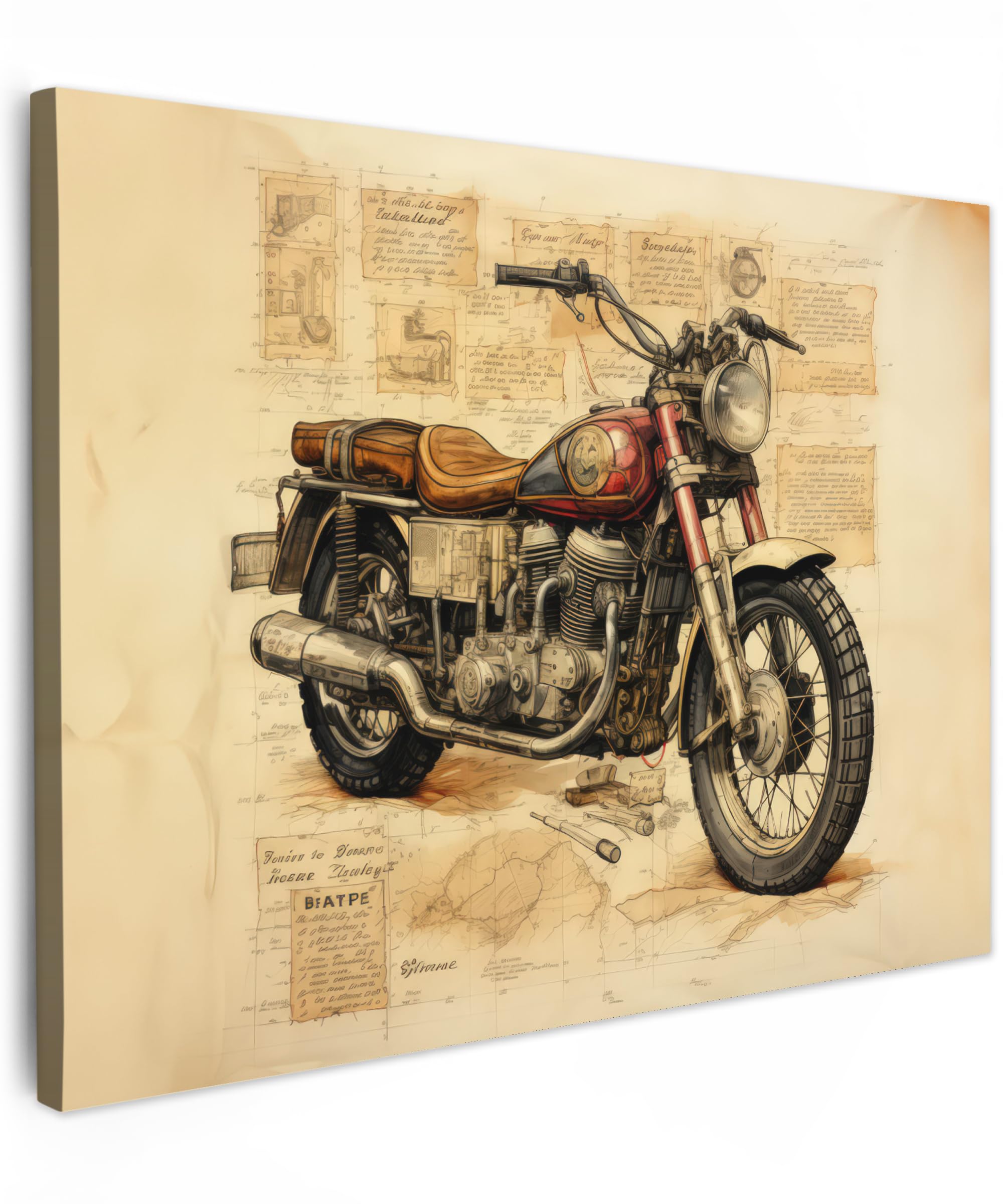 MuchoWow© Leinwandbild 70x50 cm Dekoration Wohnzimmer Bilder Aufhängen Wall Decoration Living Room Wohnungs Deko Moderne Vintage - Motor - Papier - Fahrzeug