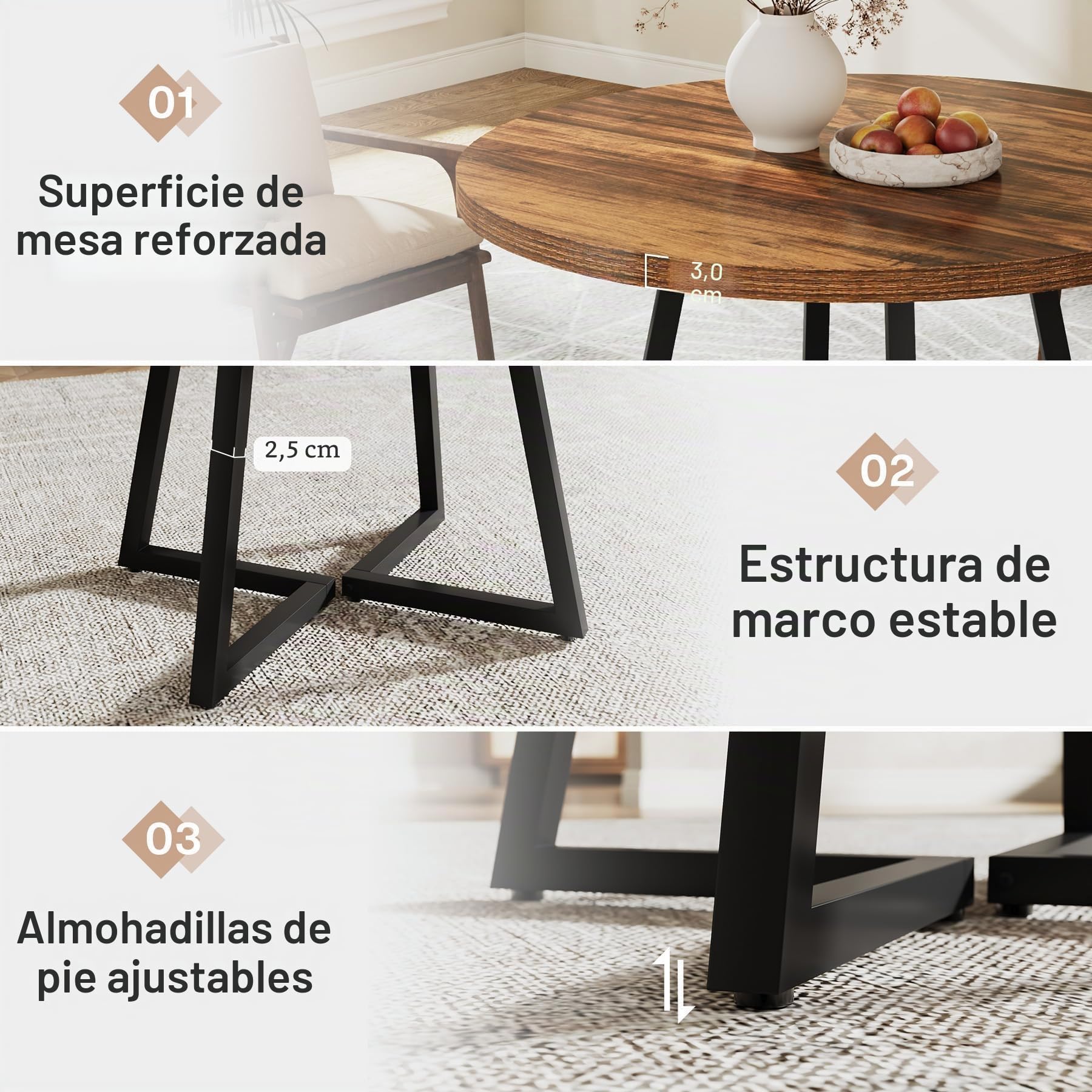 Tribesigns Mesa de comedor redonda para 2 personas, mesa de cocina industrial con base de metal, mesa pequeña para comedor, espacio pequeño, apartamento, oficina, restaurante, marrón