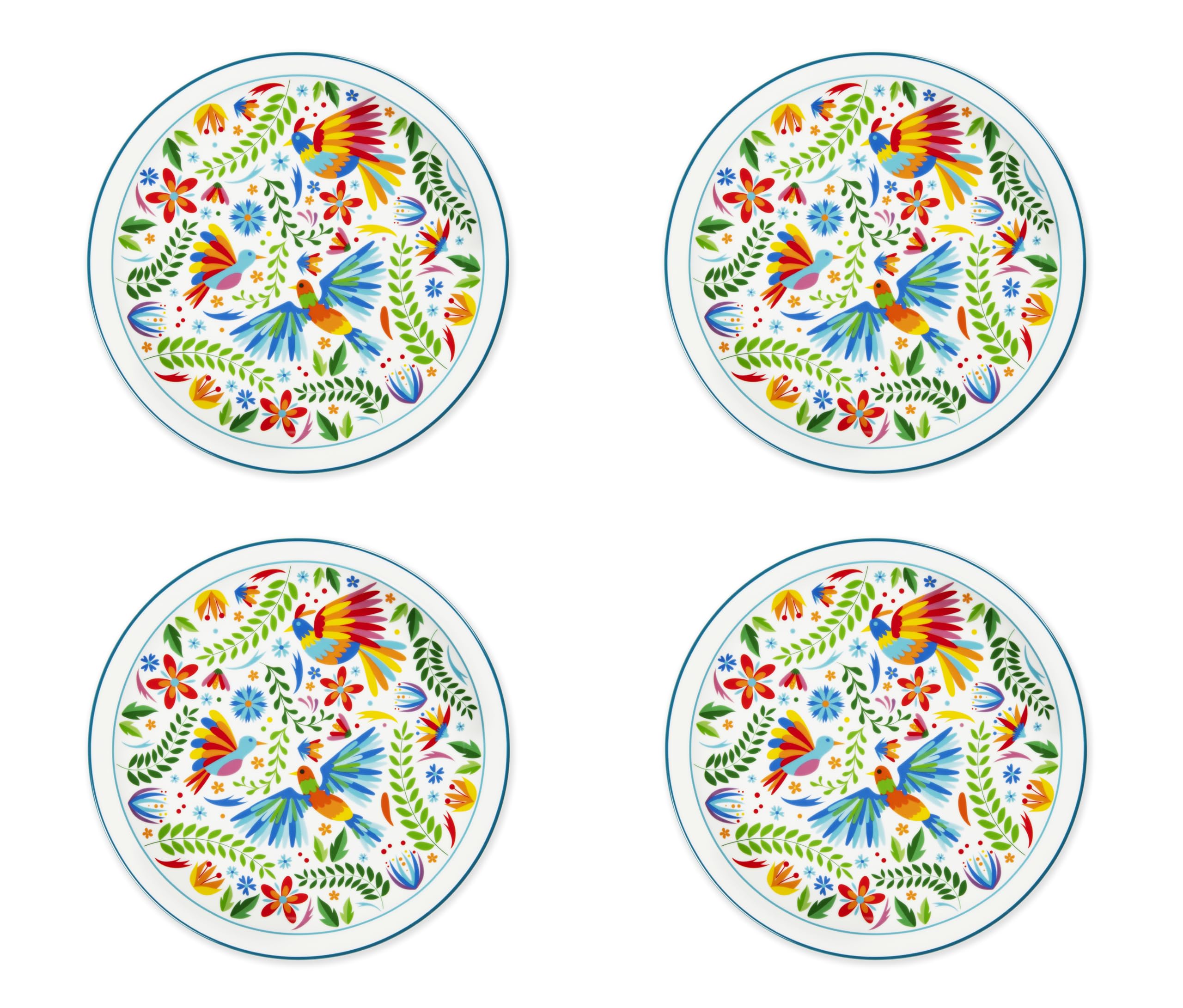 Excelsa Mexican Flowers Set of 4 Porcelain Dinner Plates, 12-Inch Diameter
