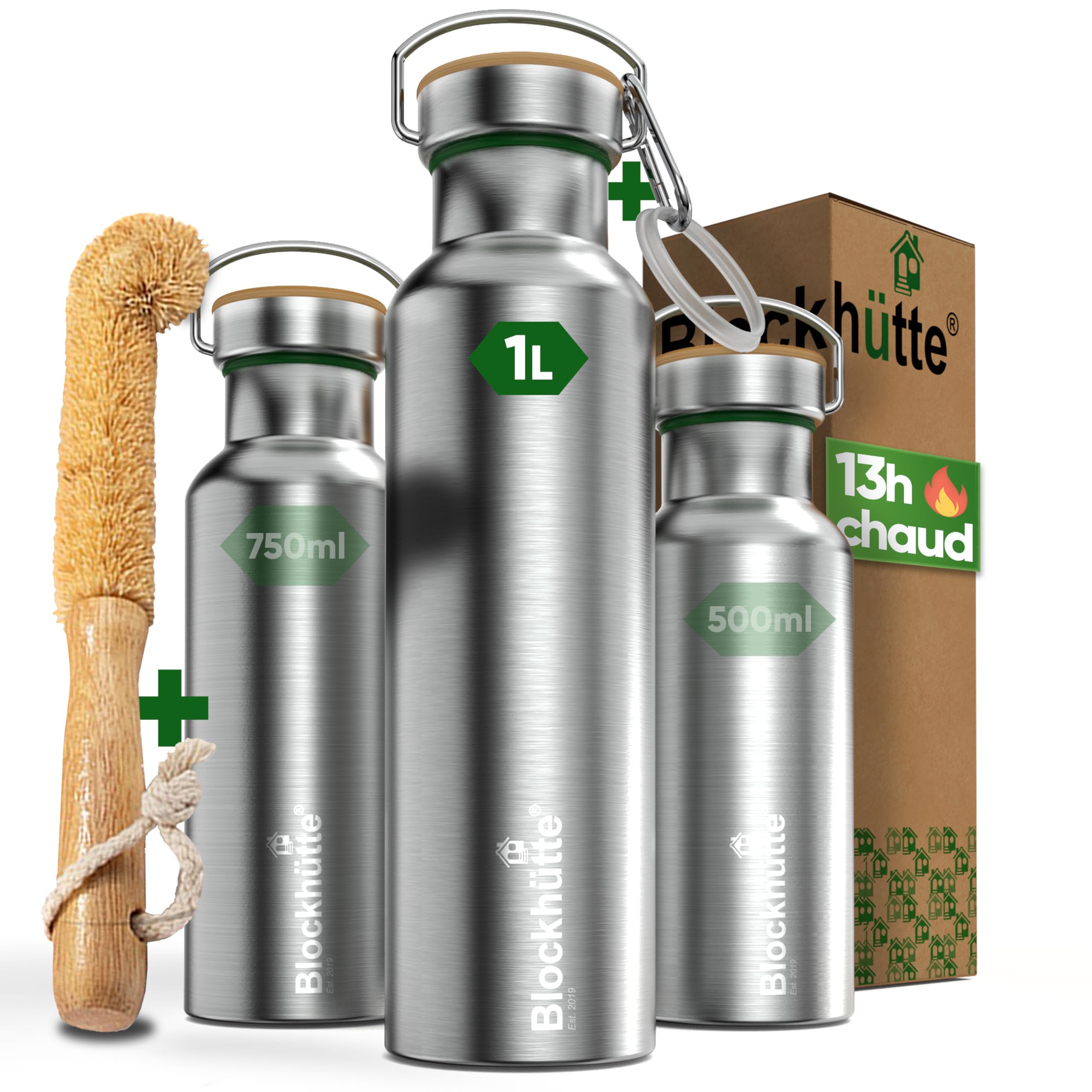 Blockhütte Gourde isotherme en acier inox, bouteille isotherme, bouteille d'eau anti-fuite I la gourde thermos passe au lave-vaisselle I pour l'université, bureau, enfants et adultes