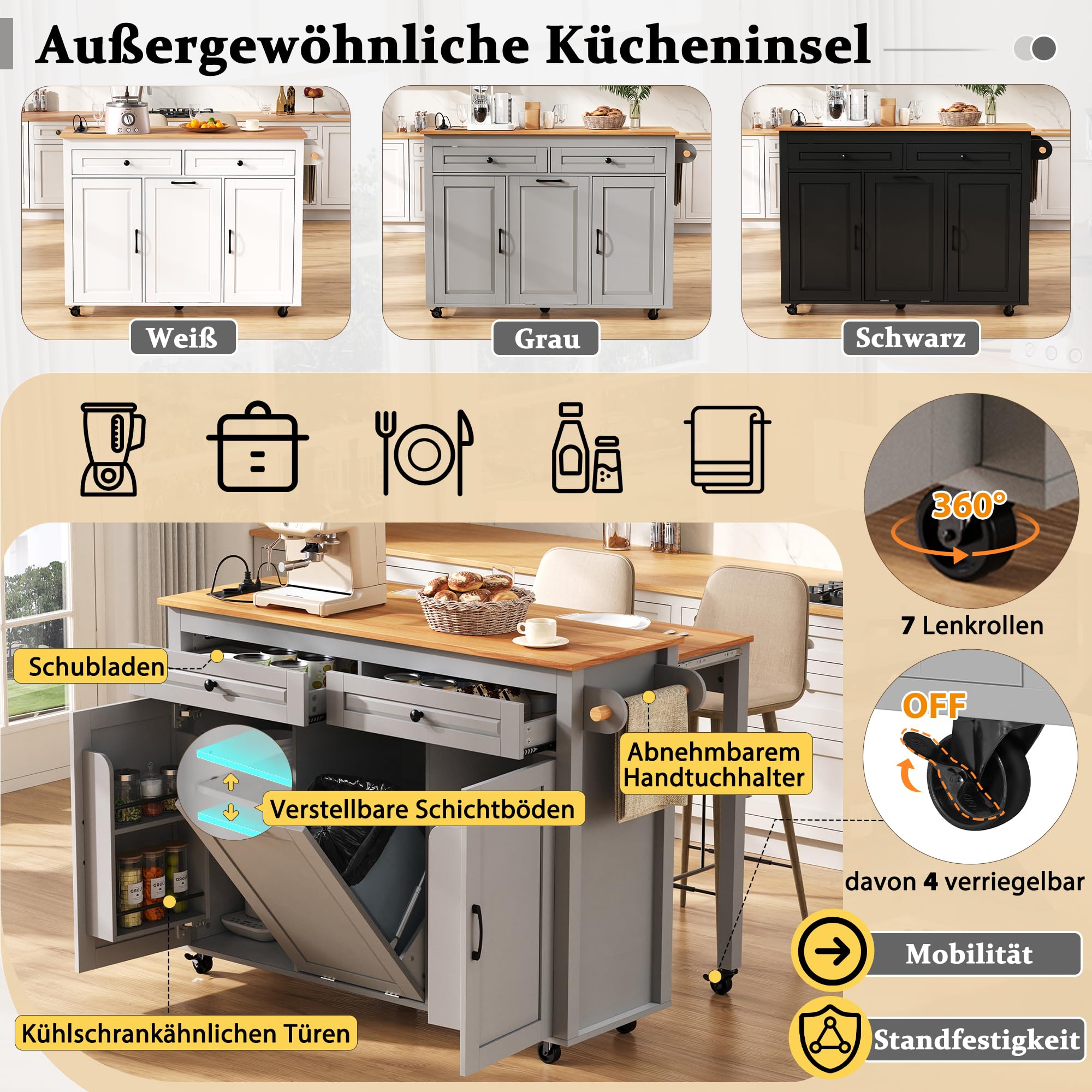 Mobilna wyspa kuchenna 120 x 40-75 cm z wysuwanym blatem roboczym i gniazdkami, wózek kuchenny z USB/typ C, schowek na śmieci i 7 kółkami (4 z możliwością zablokowania), kolor szary – nie zajmuje dużo