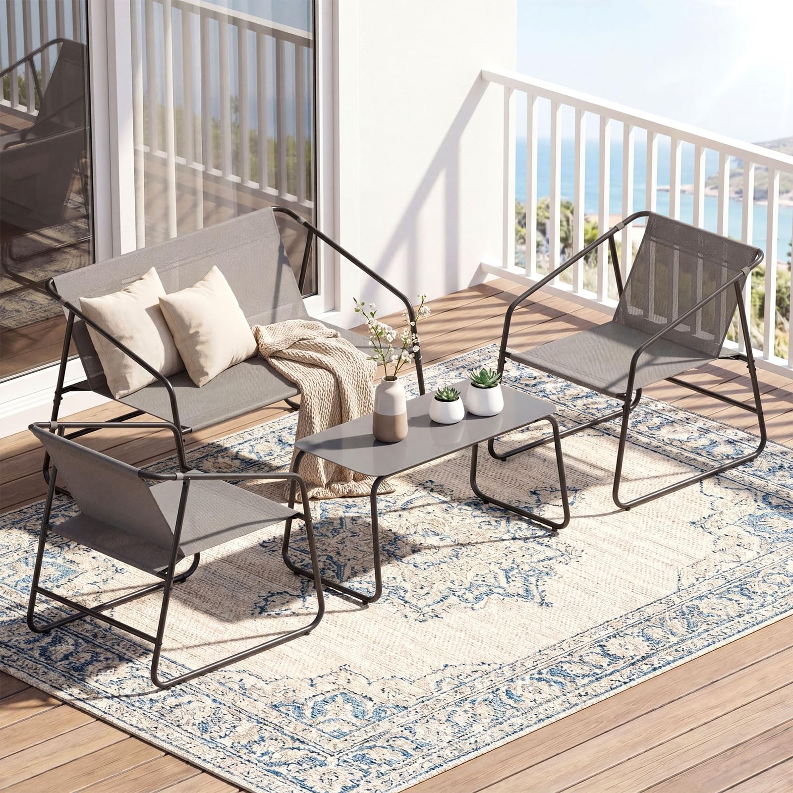 Clevich Set Salotto da Giardino 4 Pezzi in Textilene, Mobili da Esterno con Piedini Regolabili, Resistente agli Agenti Atmosferici, Adatto per Terrazzo, Giardino e Spazi Esterni, Grigio