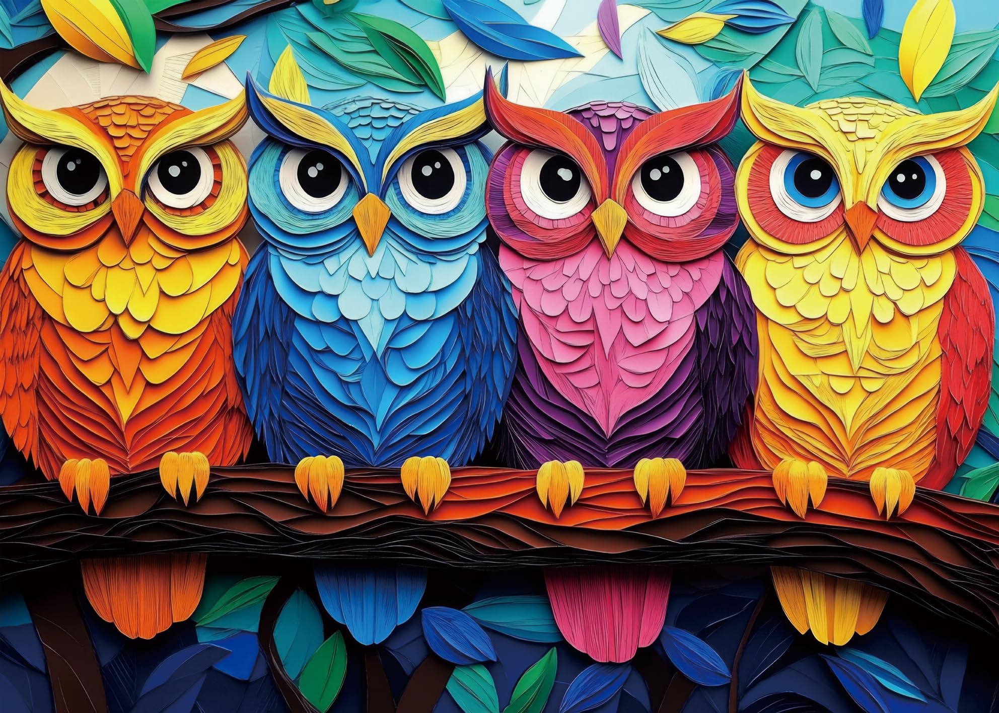 BUHAH Colorful Owl Puzzles for Adults 1000 Pieces 3D Paper Art Bird Jigsaw Puzzles Plant Pretty Aesthetic Impossible Puzzle for Challenging As Family