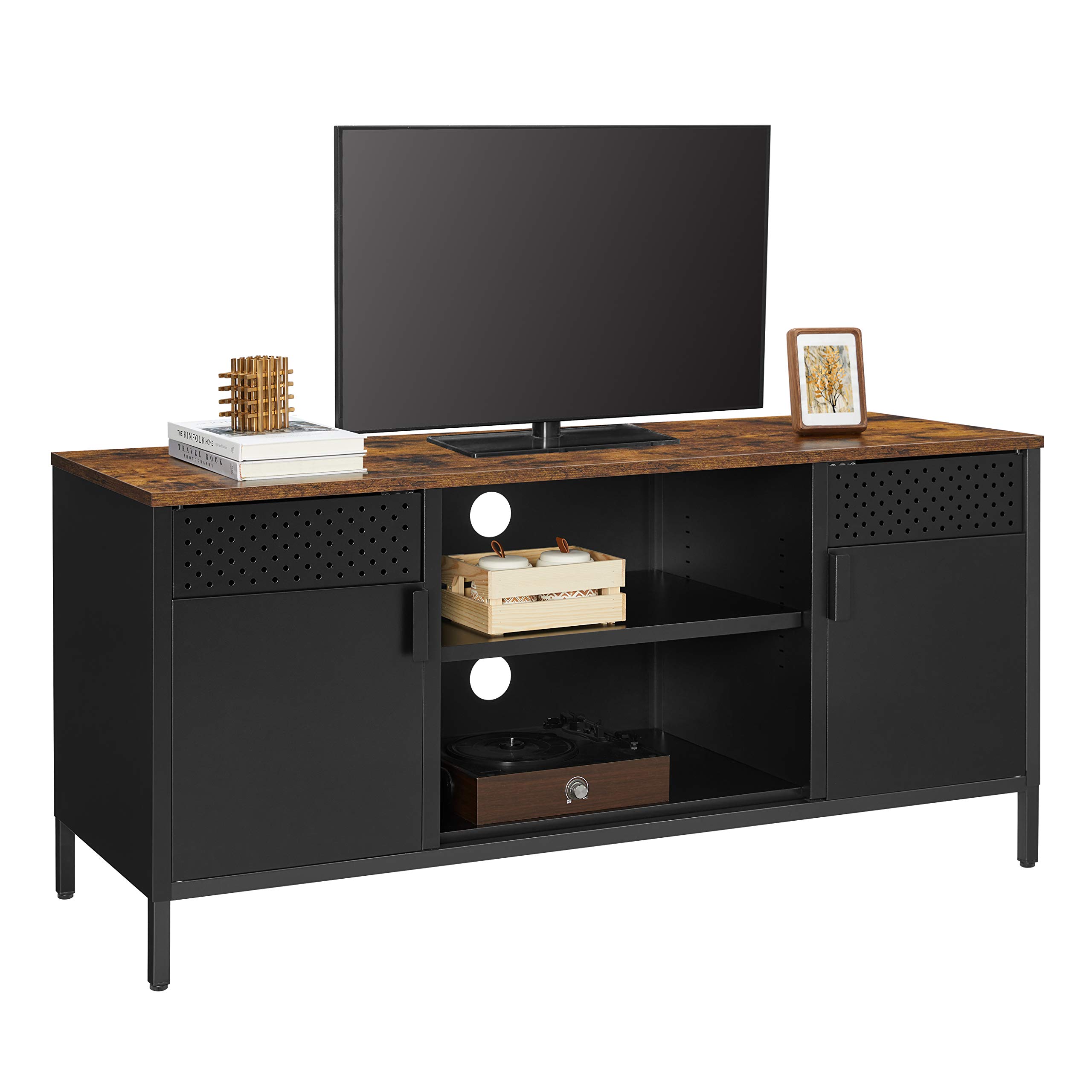 SONGMICS TV-Schrank, Lowboard für Fernseher bis zu 55 Zoll, Fernsehtisch mit Türen, 3 verstellbare Ablagen, für Wohnzimmer, vintagebraun-schwarz LTS103B01