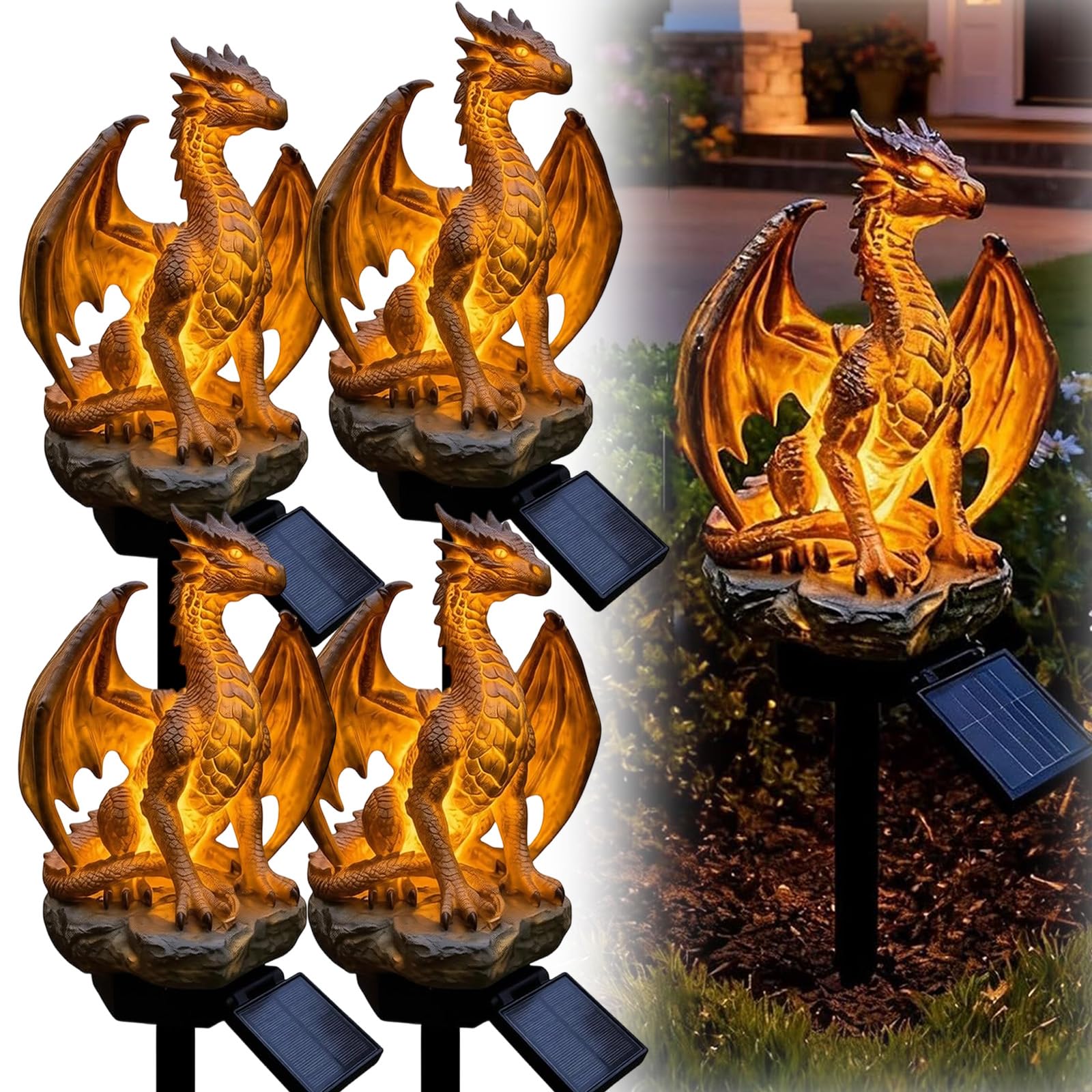 Pealeaf Dragon Solar Lights Outdoor Garden Ornament, Waterproof Resin Solar Dragon Stake Light with Auto On Off Warm Glow, Fantasy Garden Decor for Lawn Patio Pathway Yard (#A,4PCS)