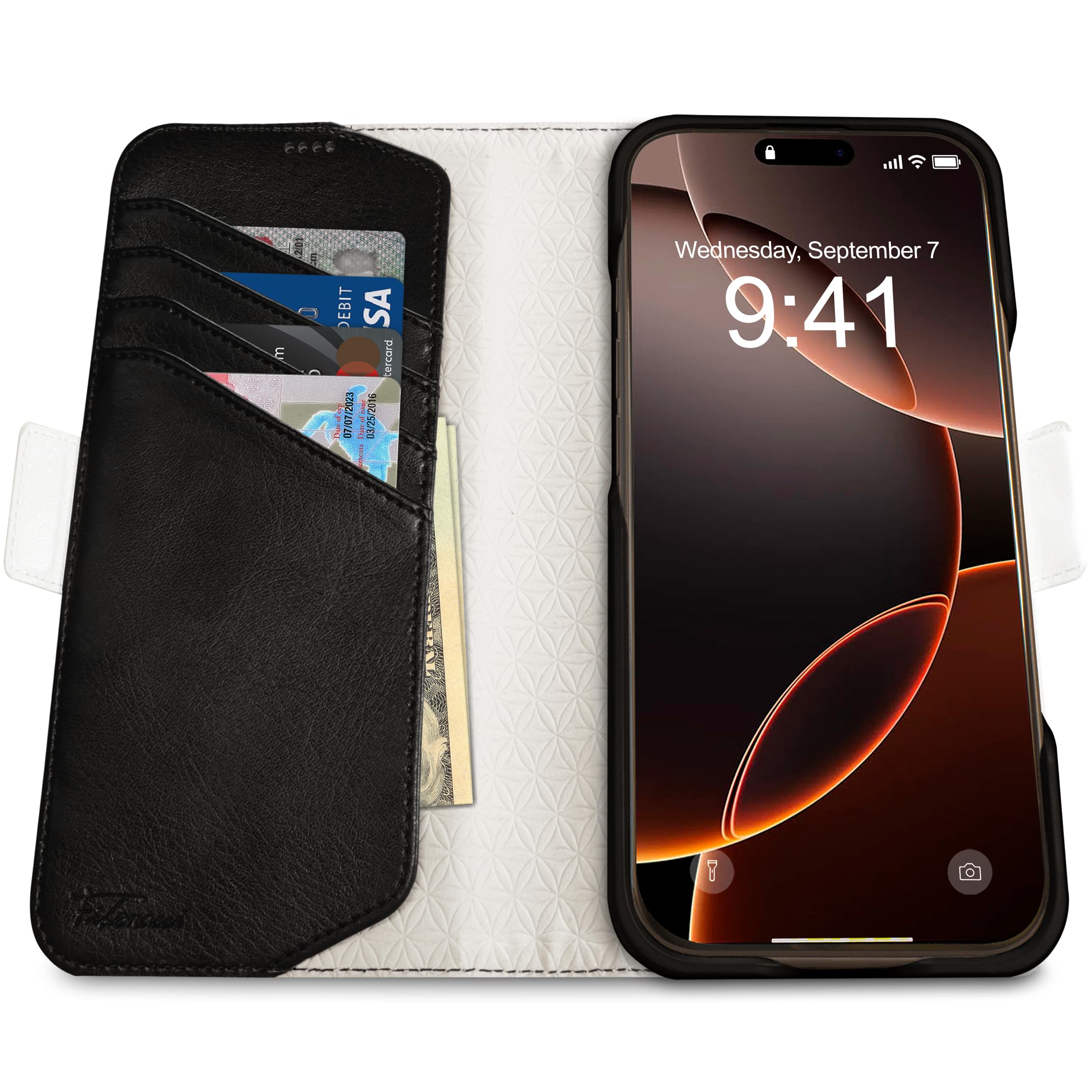 Dreem Etui do iPhone'a 16 Pro Max, rewolucyjny stojak na telefon, wegańska skóra, magSafe-Fit, magnetyczne odpinane etui z klapką, uchwyt na kartę blokującą RFID, pudełko prezentowe [Fibonacci: biały