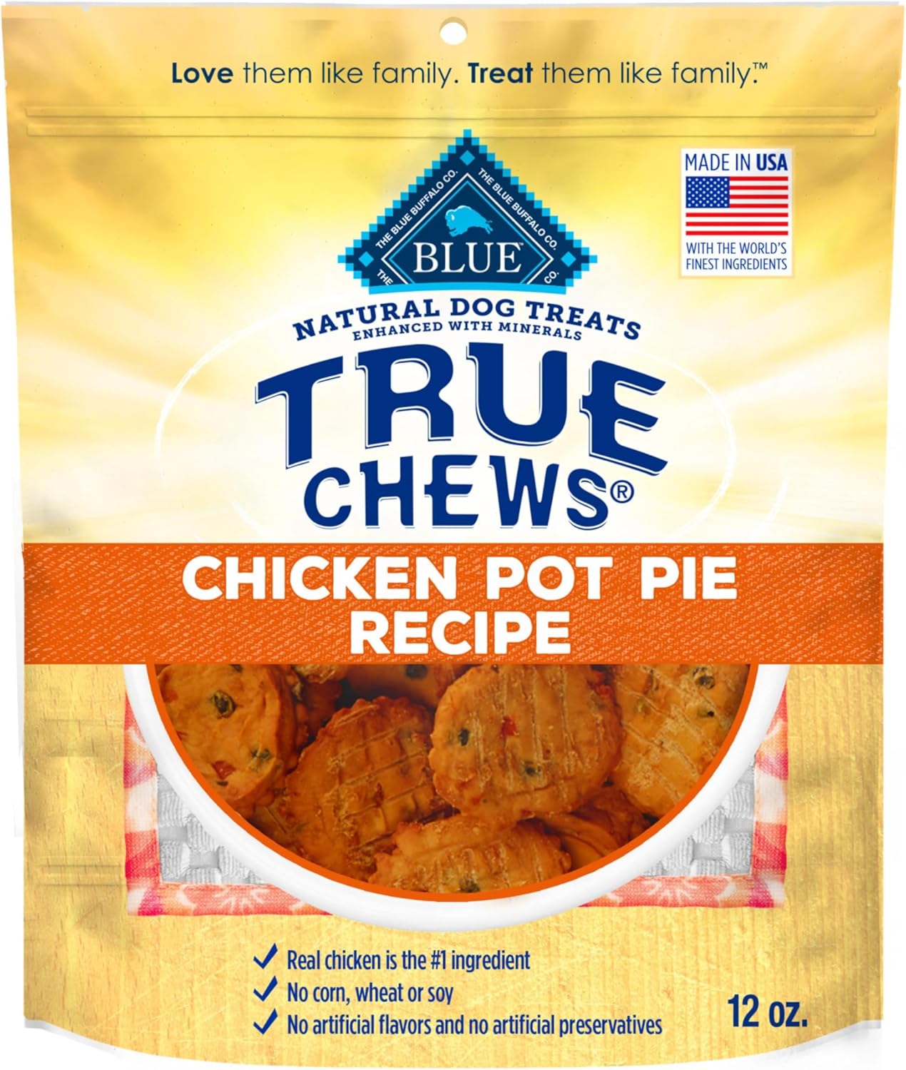 Blue Buffalo True Chews Chicken Pot Pie Dog Treats - Natural USA-Made Real Chicken, Tender Chewy Snacks No Corn Wheat Soy