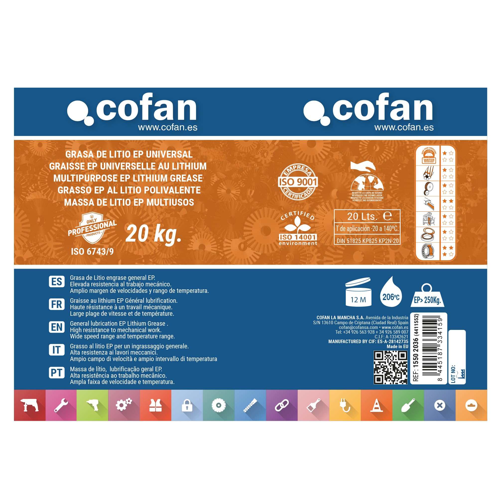 Cofan Cartucho de Grasa de Litio | Normativa ISO 6743/9 EP | Apta para mecanismos de cobre y sus aleaciones