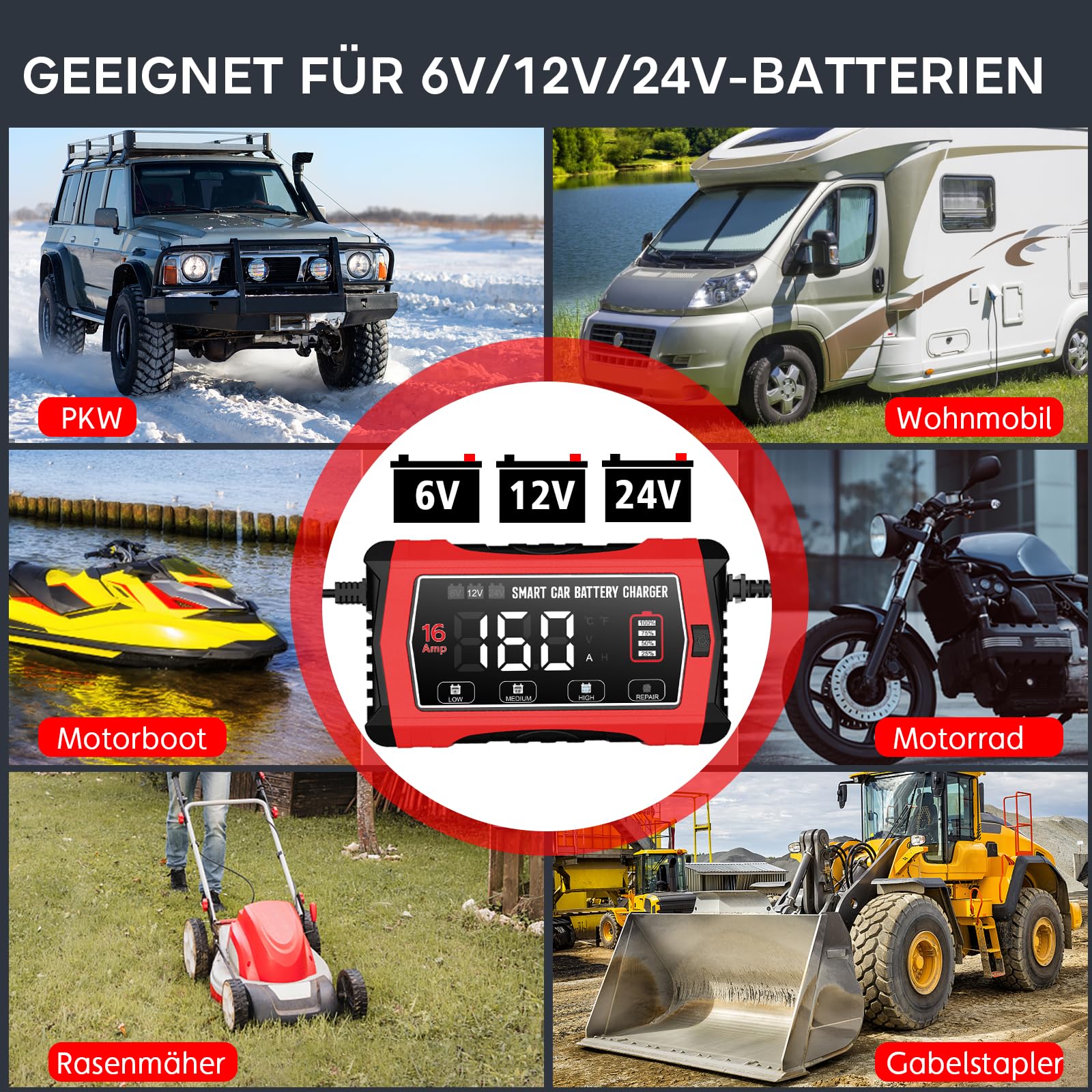 16A 6V/12V/24V Autobatterieladegerät-Haisito Intelligentes Ladegerät mit LCD-Display, Batteriepfleger,Erhaltungsladung&Entsulfatierung für AGM,LiFePO4,Blei-Säure(Motorrad, Wohnmobil, Caravan)