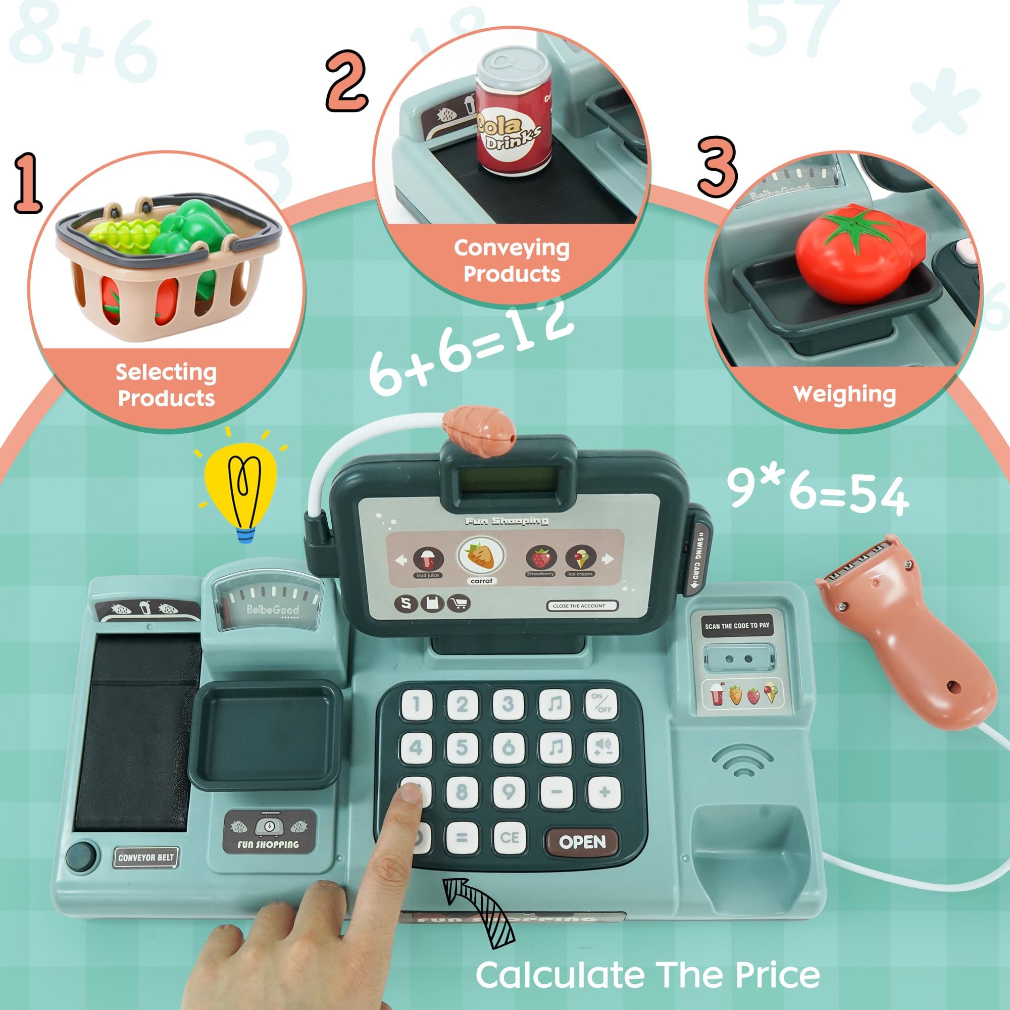 Caja Registradora Juguetes, Comida Juguetes con Calculadora Micrófono, Sonido, Comida, Calculadora, Escáner, Cesta, Tienda Supermercado Regalo para Niñas Niños 3 + Años, Verde