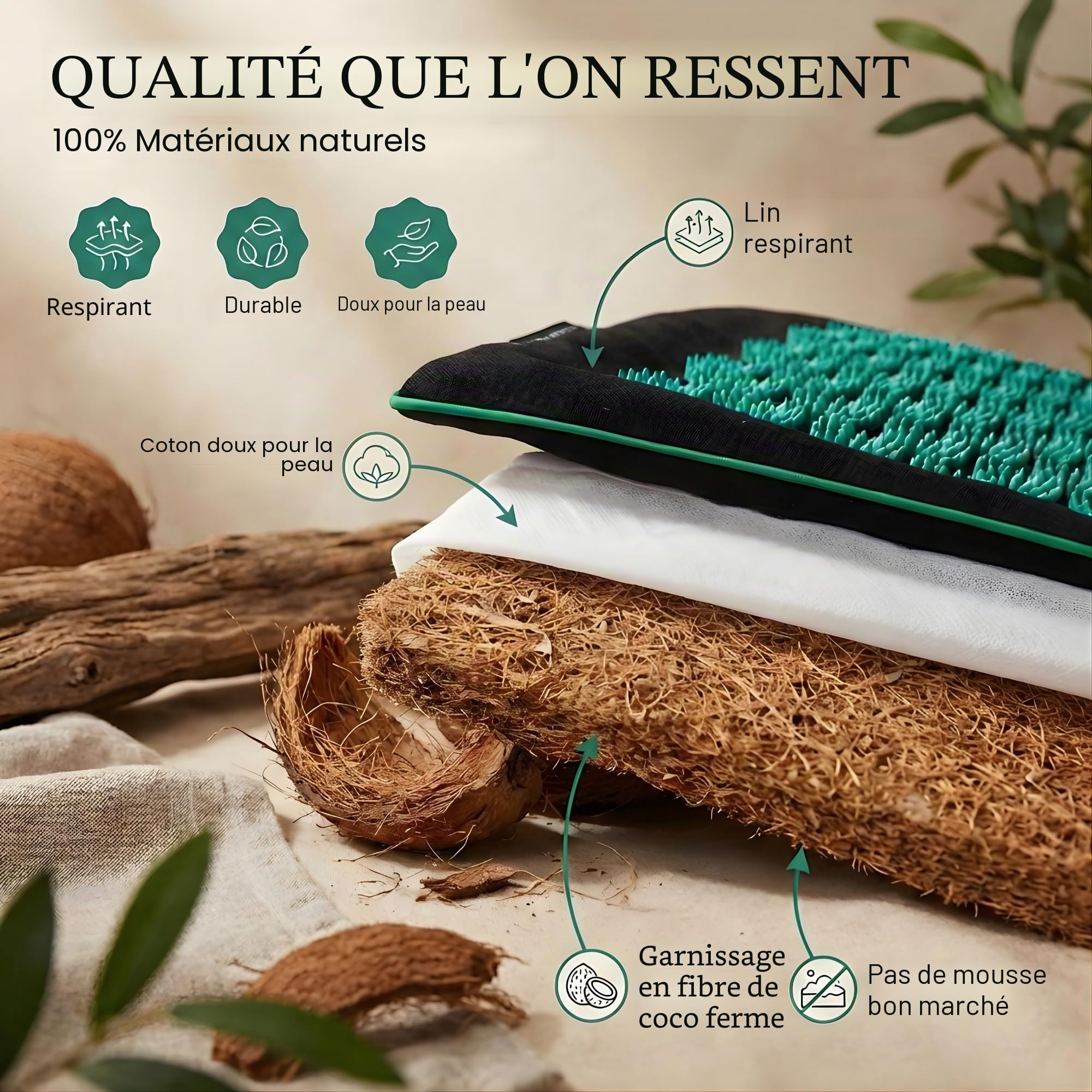 Tapis d'acupression original 6 en 1 - Set de qualité supérieure en fibres naturelles - Massage du dos et du cou contre le stress et les tensions - Avec coussin et balle de massage