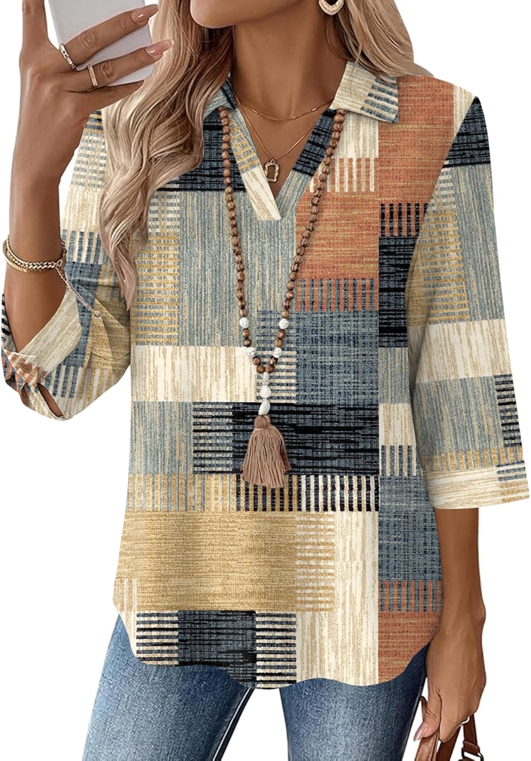 LOMON Womens 3/4 Sleeve Tops V Neck Cotton Linen Work Blouse Polo Shirts for Women Business Casual 2026