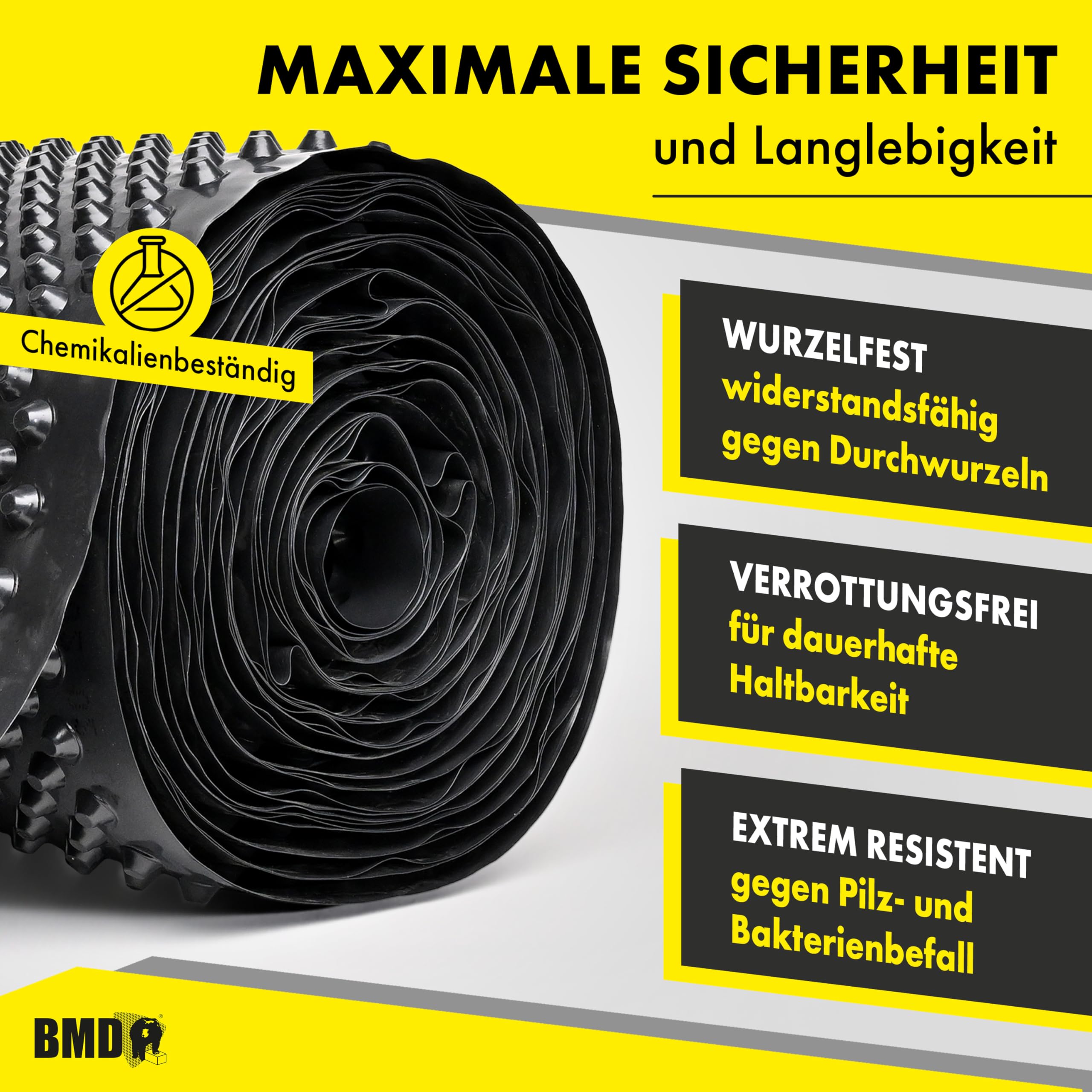 BMD Noppenbahn | 1m x 10m | Hochbeetfolie ohne Weichmacher | Noppenfolie für den Grundmauerschutz | 10m² | Drainage | CE-Siegel Qualität