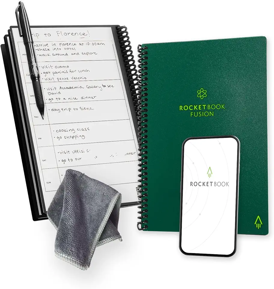 Rocketbook Caderno reutilizável Fusion Smart – calendário, listas de tarefas e páginas de modelo de notas com 1 caneta Pilot Frixion e 1 pano de microfibra incluído – capa verde terrestre