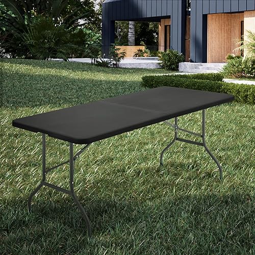 Vista 2 de MoNiBloom Mesa plegable de 6 pies, mesas de comedor de plástico portátiles resistentes plegables por la mitad, escritorio para interiores y Negro