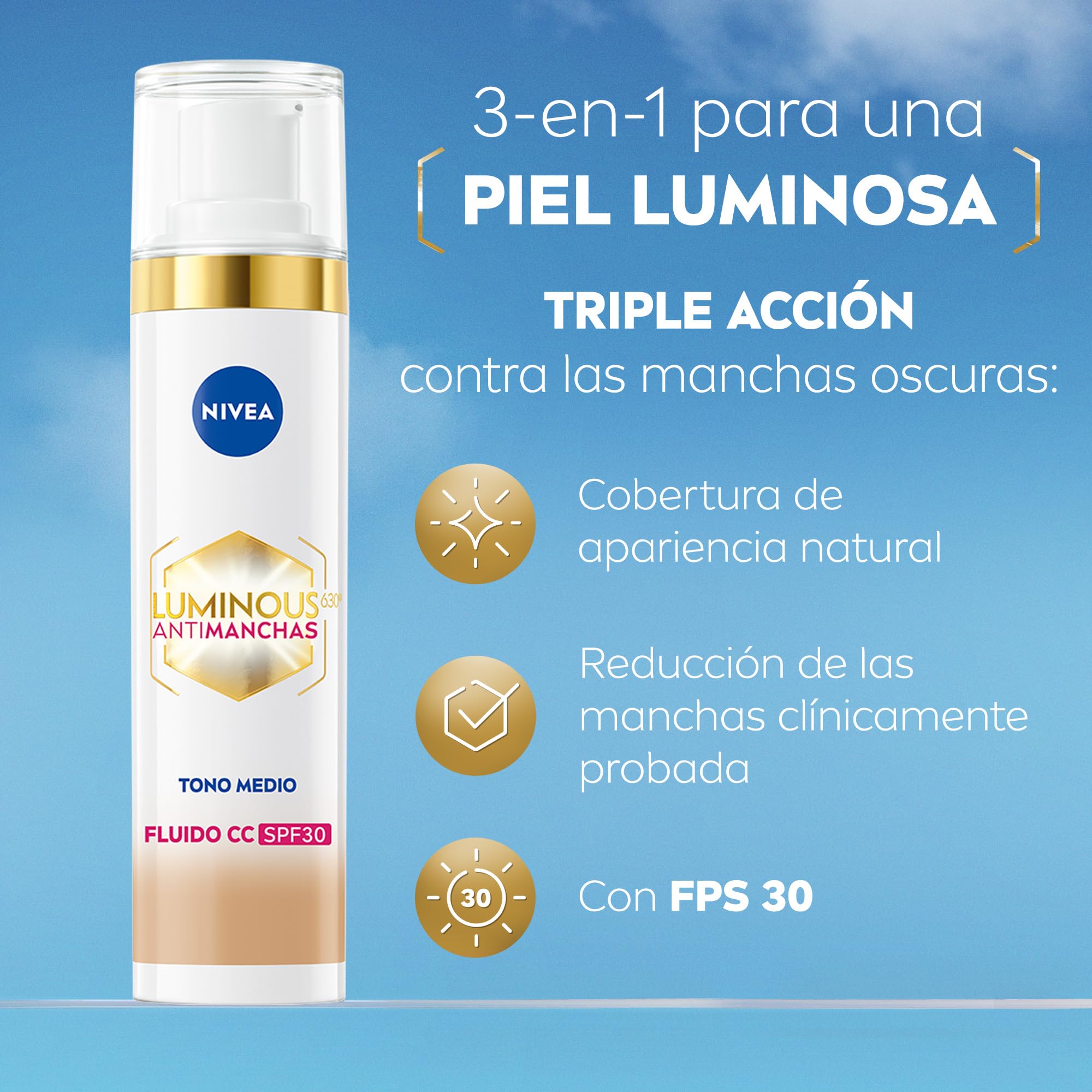 NIVEA Luminous 630 płyn CC SPF30 3 EN-1 (1 x 40 ml), krem CC o potrójnym działaniu, kolorowy krem przeciwsłoneczny do twarzy, średni odcień