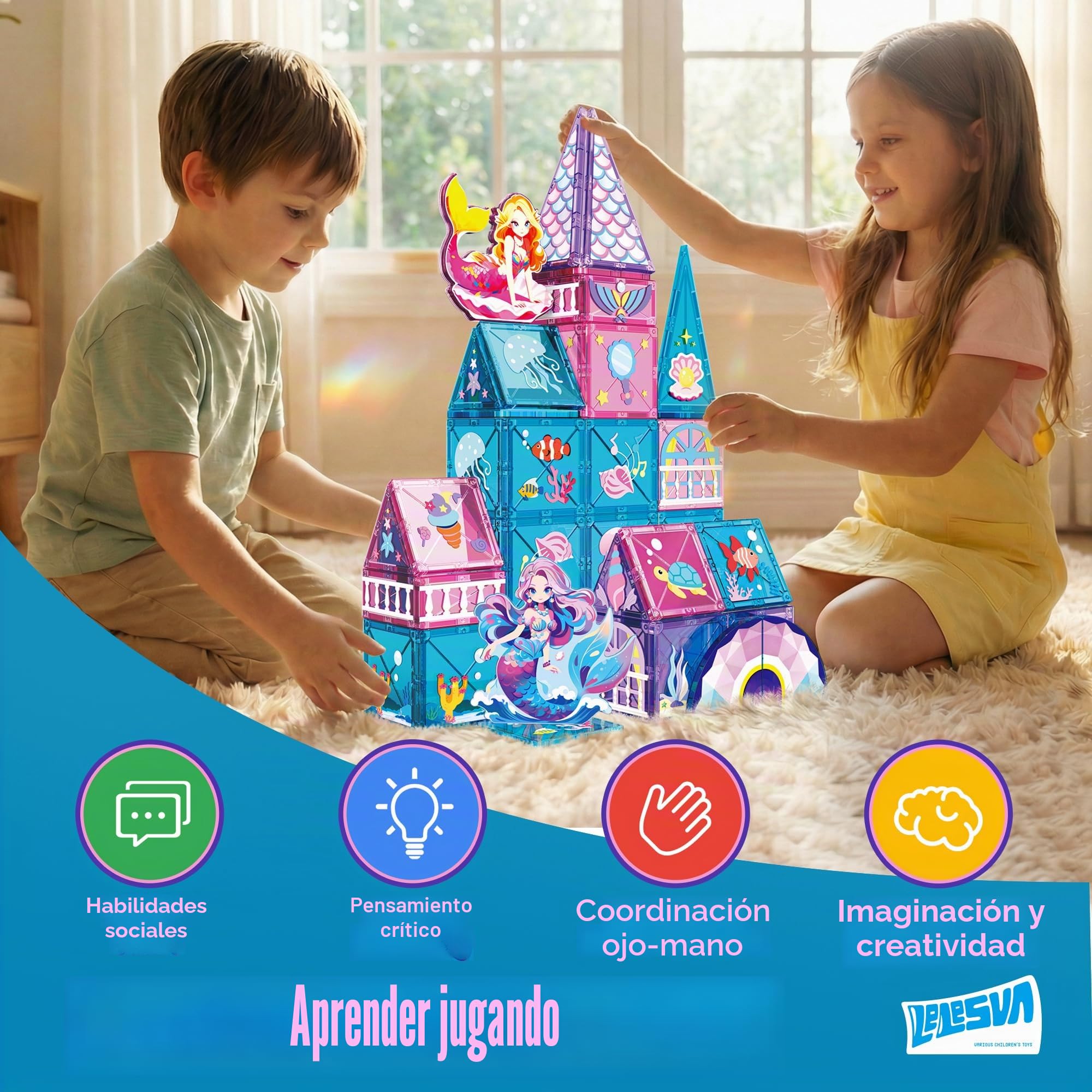 Juego de construcción de azulejos magnéticos de sirena, 51 piezas de juguete de construcción magnético para niños y niñas de 3, 4, 5, 6, 7 años, bloques magnéticos educativos STEM para construcción