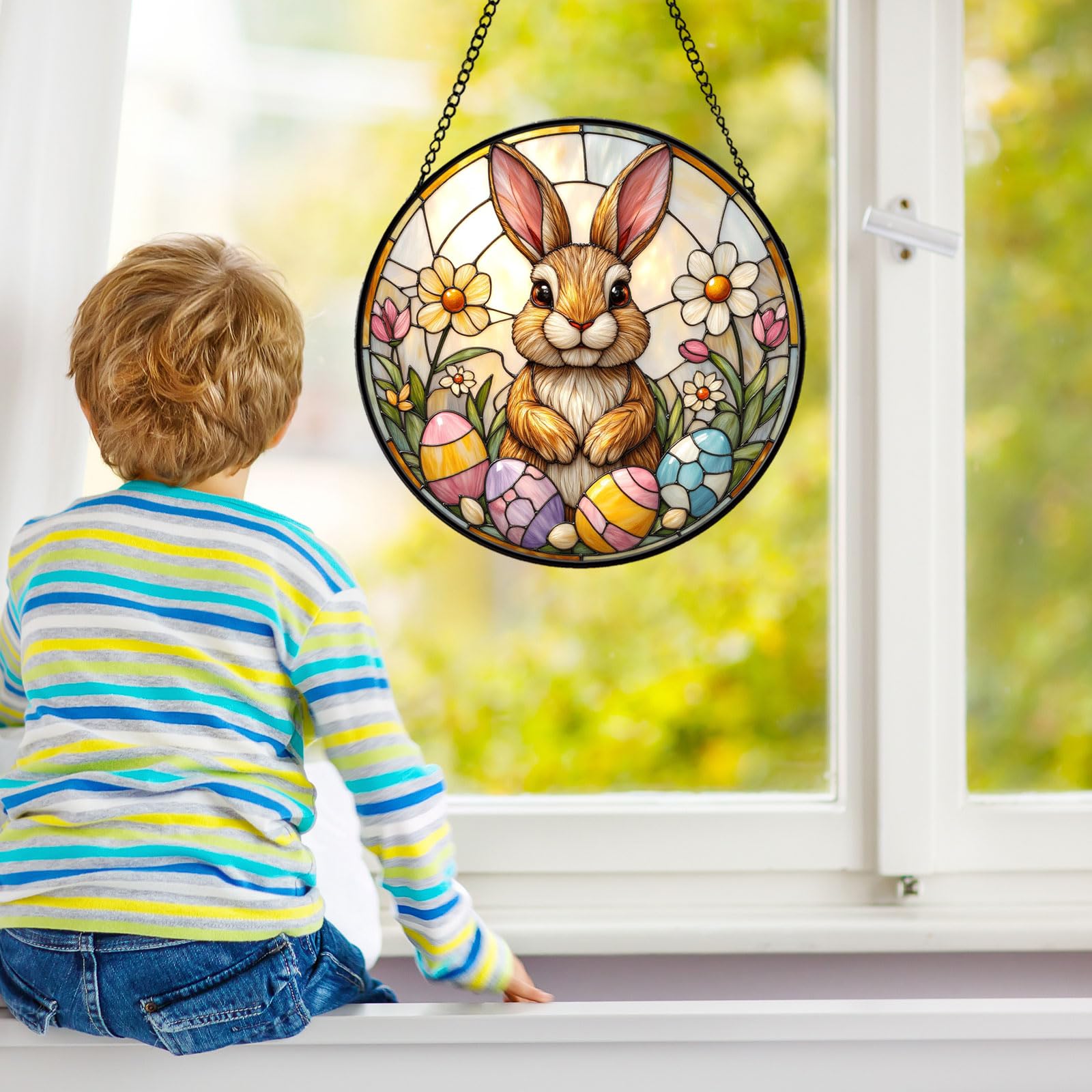 Witrażowy łapacz słońca do powieszenia na oknie, zajączek wielkanocny, łapacz słońca z kolorowymi jajkami, witraż, sztuka ścienna, dekoracja domu, prezent wielkanocny dla kobiet, mamy