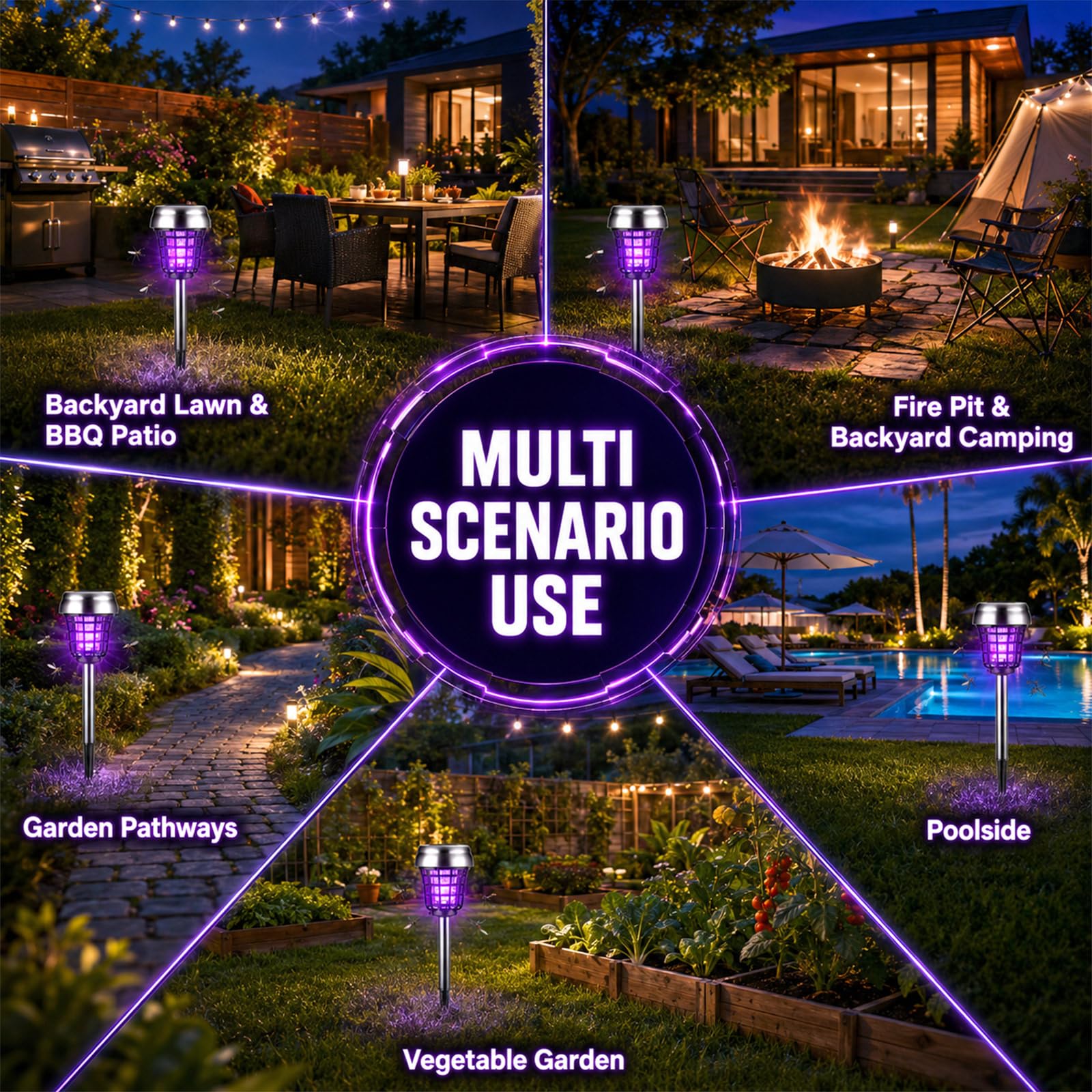 Qualirey 12 piezas de matamosquitos solar para exteriores, impermeables, matamosquitos con energía solar, lámpara repelente de mosquitos para patio, jardín, insectos (púrpura/luz de llama, acero