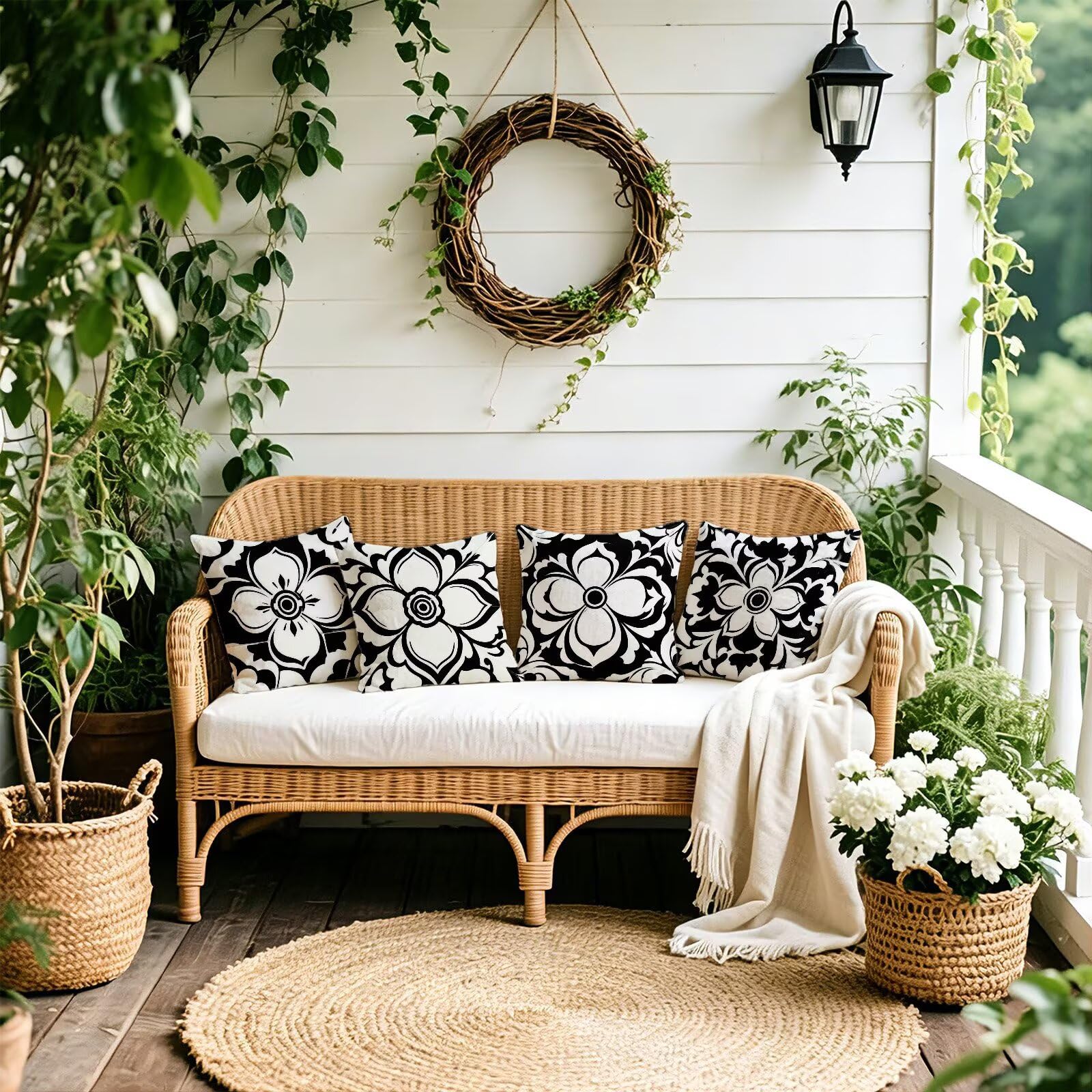 Nero Federe Cuscini Divano 50x50cm, Cuscini da Esterno Set de 4, Cod-87 | Lin Copricuscini Decorativi Letto Arredo, per Letto, Soggiorno, Giardino, Esterno, Casa Decorazione Set di 4 Geometria