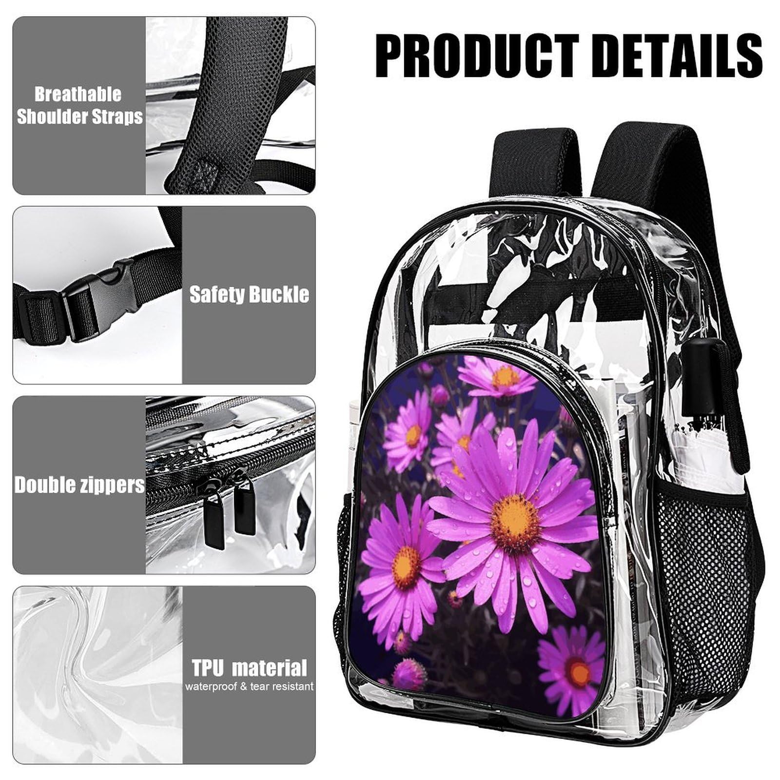 Summer Purple Flower - Zaino trasparente in PVC trasparente, per la sicurezza, il lavoro, i viaggi, lo stadio
