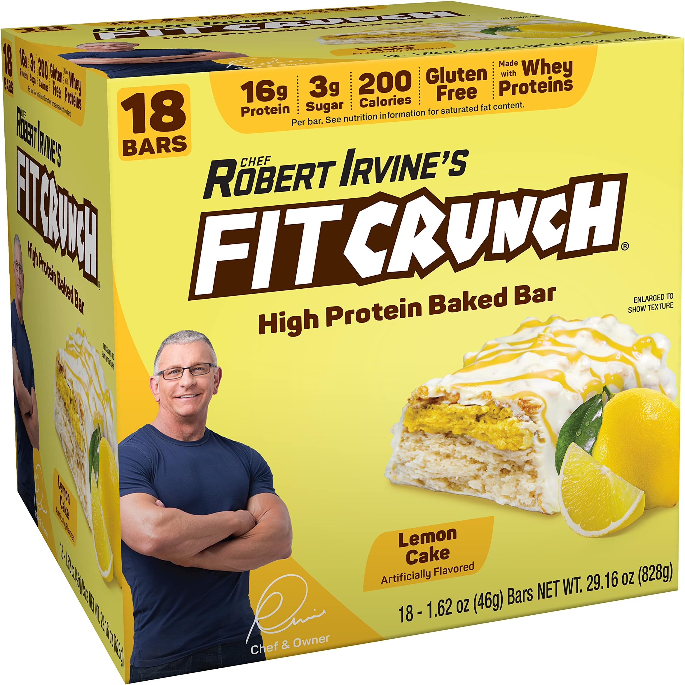 Fit Crunch Snack Size Protein Bars, Designed by Robert Irvine, World’s Only 6-Layer Baked Bar, 3g of Sugar & Soft Cake Core (18 Bars, Lemon Cake)