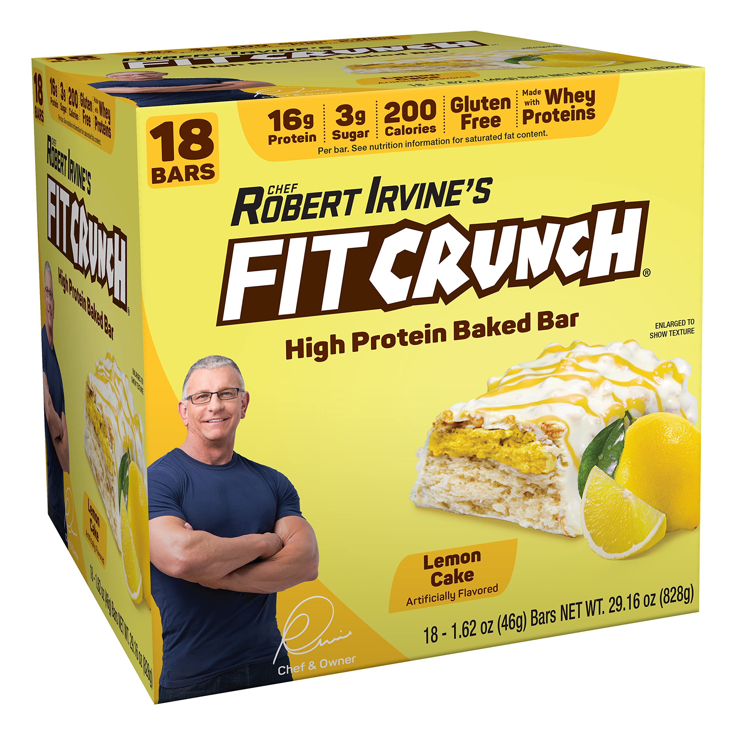 Fit Crunch Snack Size Protein Bars, Designed by Robert Irvine, World’s Only 6-Layer Baked Bar, 3g of Sugar & Soft Cake Core (18 Bars, Lemon Cake)