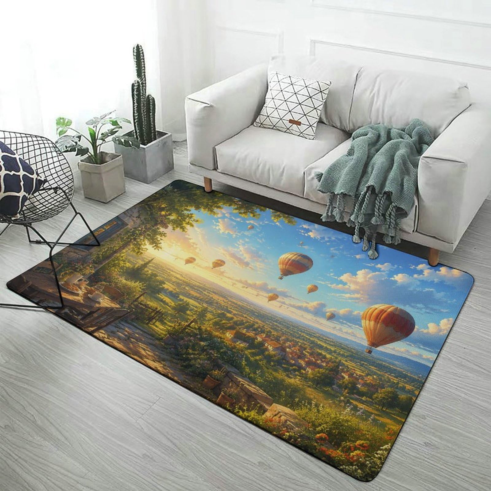 Window View with Hot Air Balloons Tapis 150 x 100 cm, Doux et Antidérapant