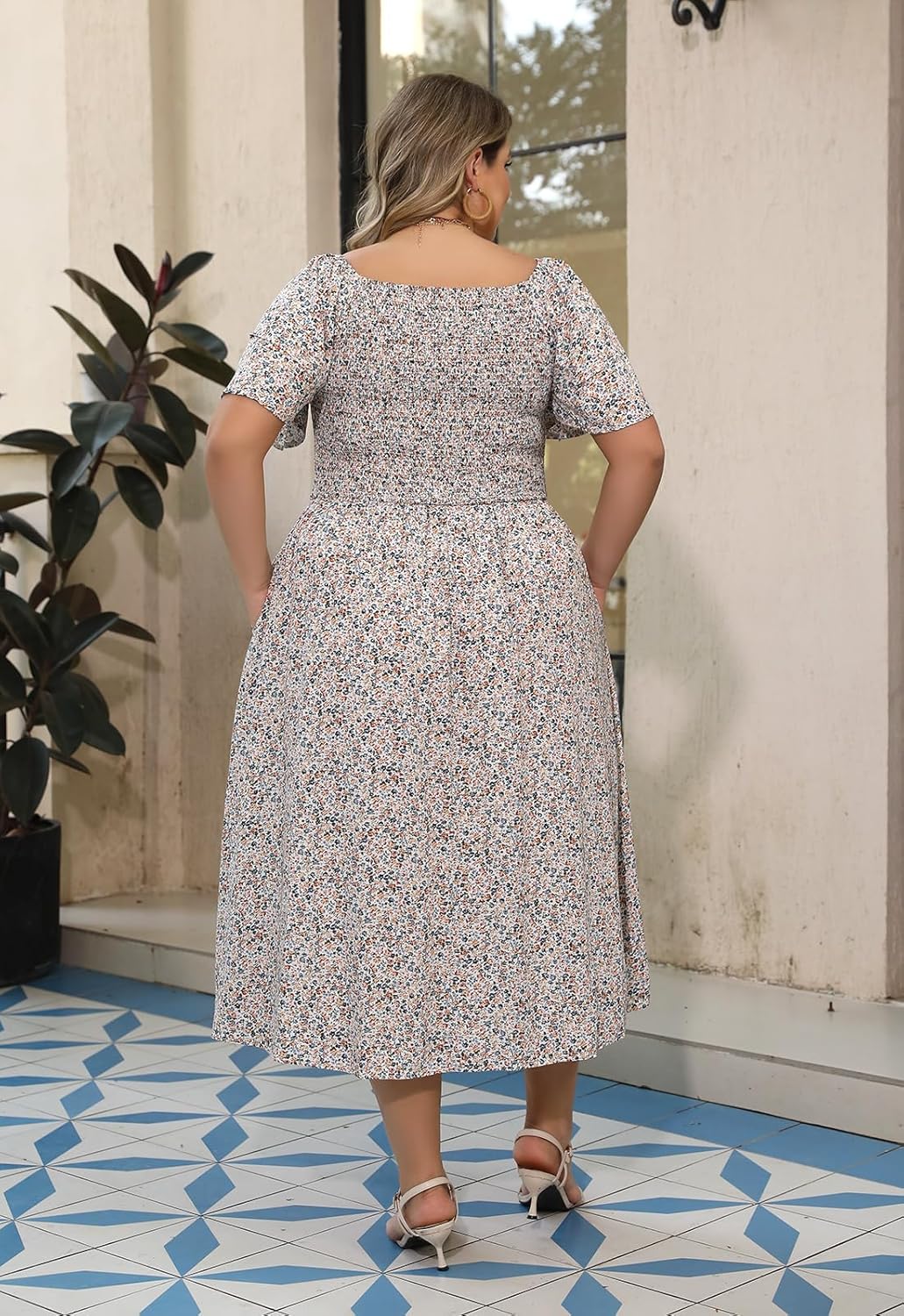 Nemidor Plus Size Summer Print Midi Boho Dress for Curvy Women Casual Smocked Floral Long Beach Dresses with Pocket 16-26 - Image 2