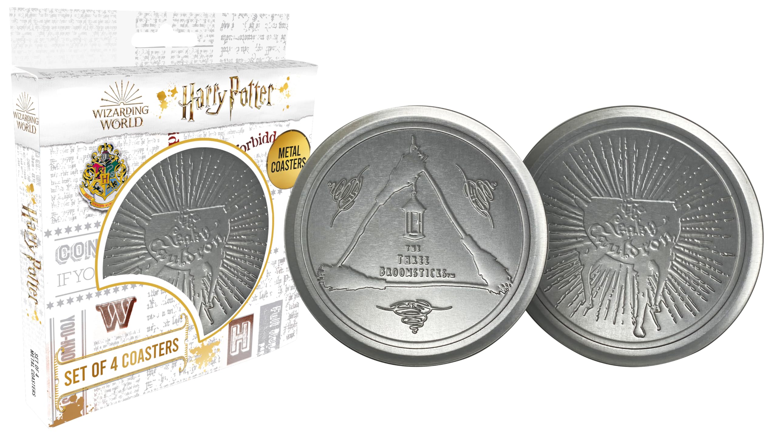 Harry Potter Embossed Metal Coasters Set of 4 – Leaky Cauldron & Three Broomsticks Designs with Non‑Slip Cork Base