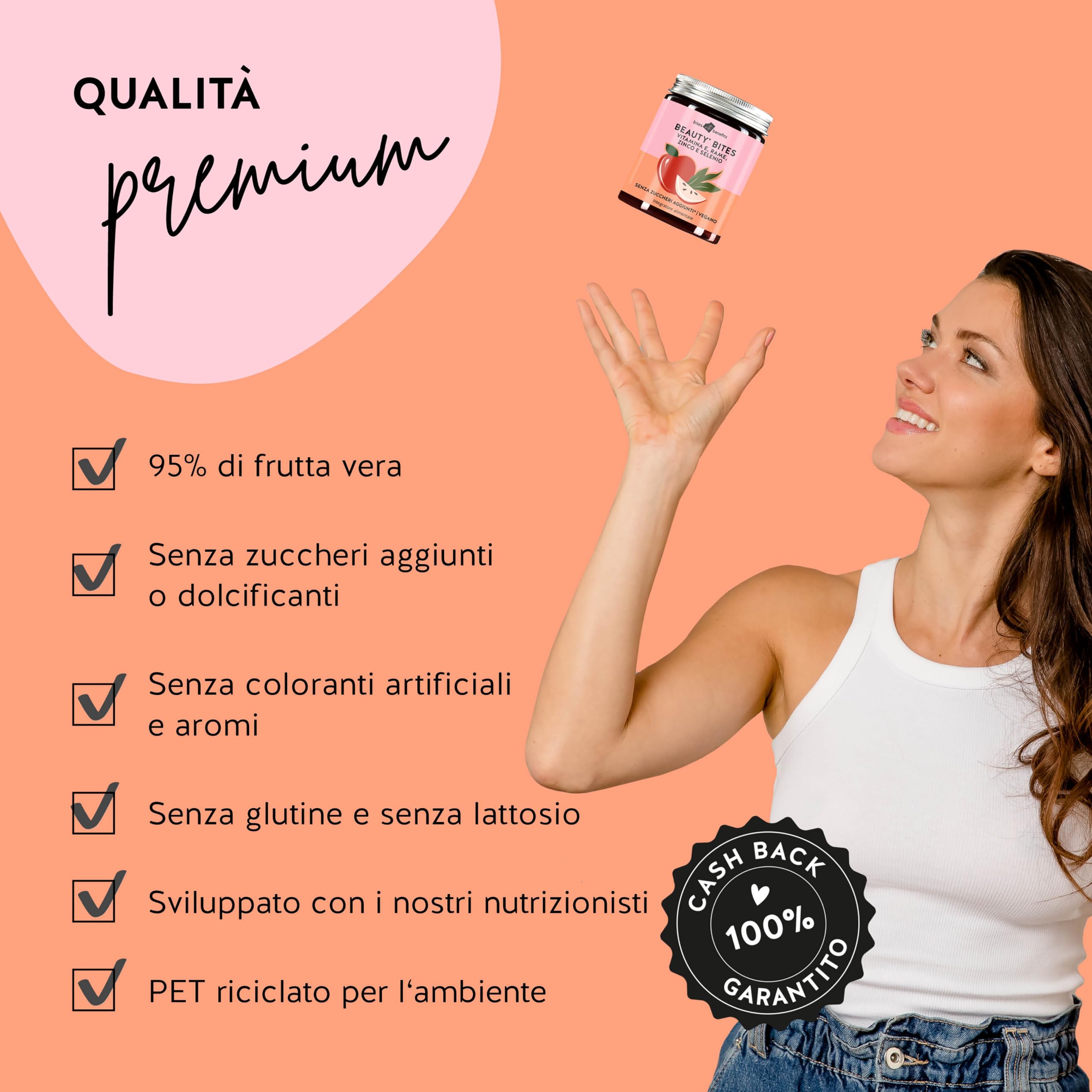 Beauty Bites - Rinforzo dei capelli e ringiovanimento della pelle - Vitamina E, selenio, zinco, rame & estratto di tè verde - Senza zucchero e dolcificanti - 45 pezzi - Vegan - Bears with Benefits