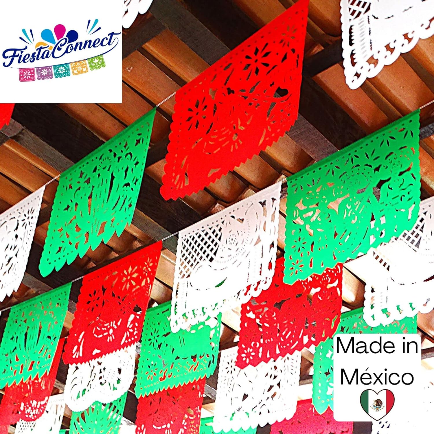 Mexican Independence Day Party Banners Tri-Color (Red, Green and White), Papel Picado for Fiestas Patrias 83 feet Total, Pre Assembled on String for Easy Hanging