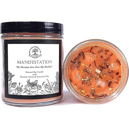 Manifestation Affirmation Candle | 9 oz Natural Soy Wax & Citrine Crystals, Herbs & Essential Oils | Dreams, Wishes, Law of Attraction Rituals | Wiccan, Pagan Metaphysical, Spirituality