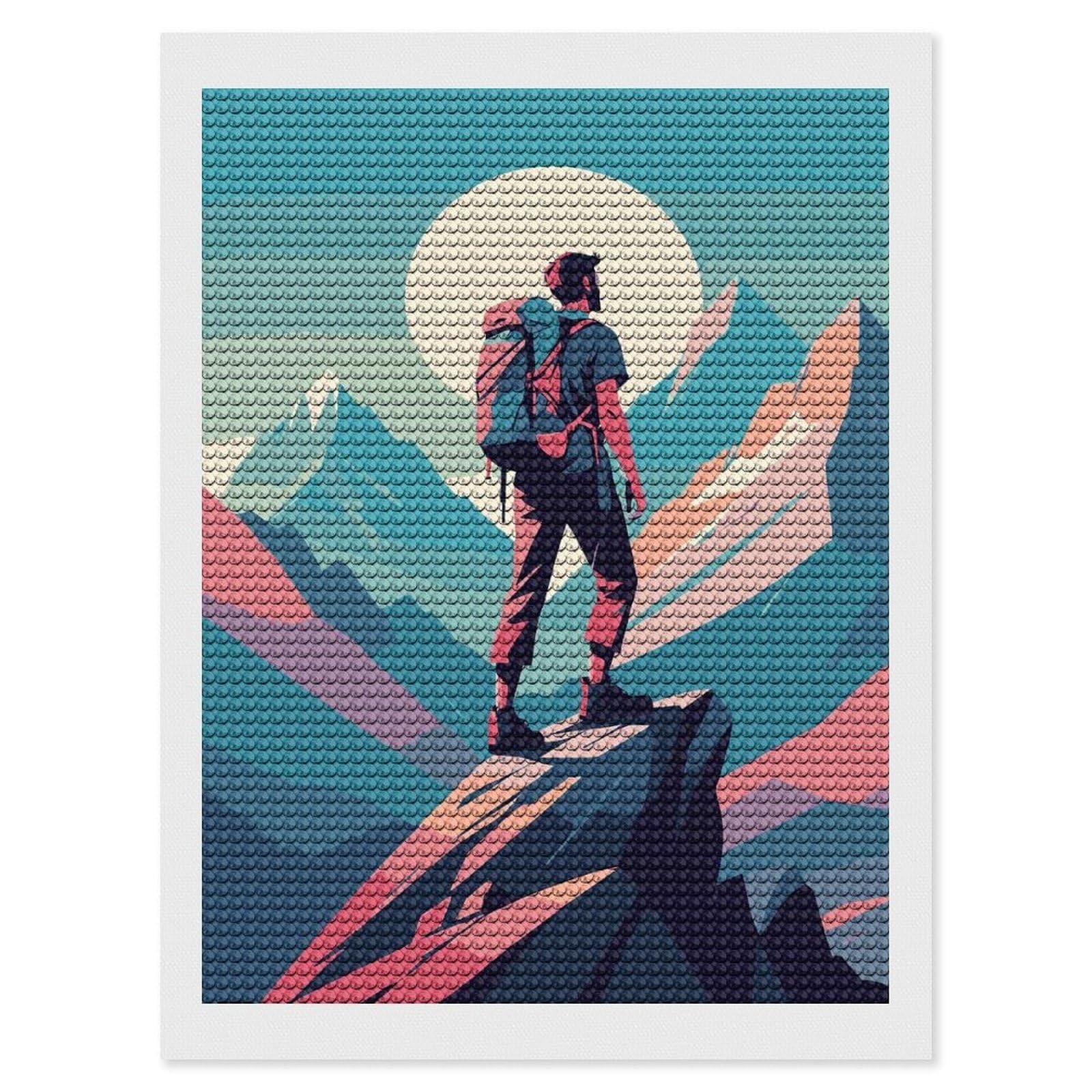 Junmoney Hiker on Mountain Peak Illustration Diamond Painting Canvas Set 12"x16", for Women, Pleasing Wall Art Project, Aesthetic Room Decor, Gift Idea