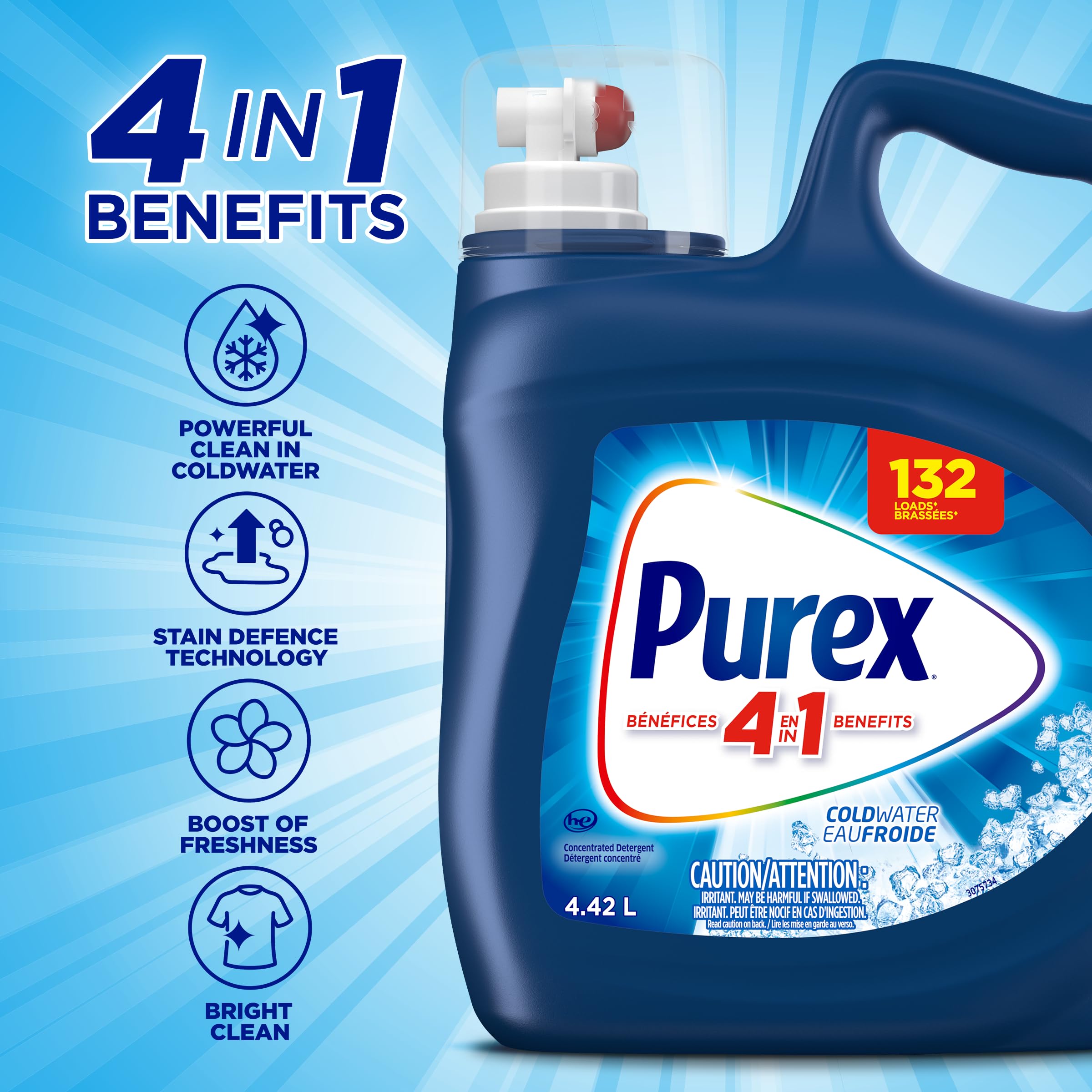 Purex Cold Water, Concentrated Liquid Laundry Detergent with 4in1 benefits, Tough on Stains, Brightens and Whitens Clothes, 4.42L, 132 Wash Loads, HE Compatible - 5