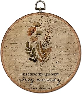 OFJE Vintage Floral Christian Wall Art Decor, His Mercies Are New Every Morning Scripture Round Wall Hanging Decor, Religious Faith Flower Framed Canvas Prints for Living Room Decorations, 10x10 Inch