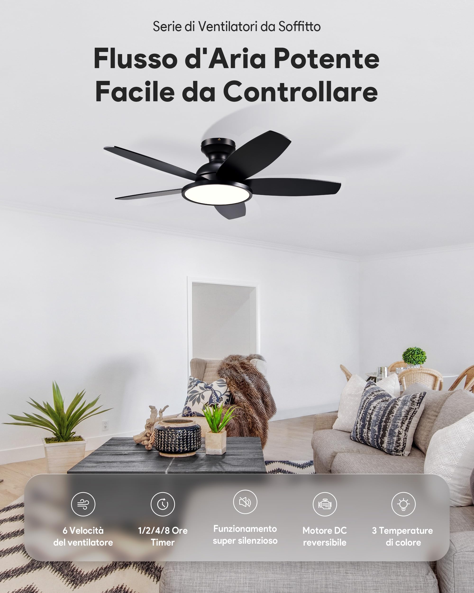 VONLUCE 107 CM Ventilatore da Soffitto con Luce LED a Spettro Completo e Telecomando, 3CCT, Motore DC Reversibile Silenzioso a 6 Velocità Ventilatore da Soffitto Basso per Camera da Letto Soggiorno