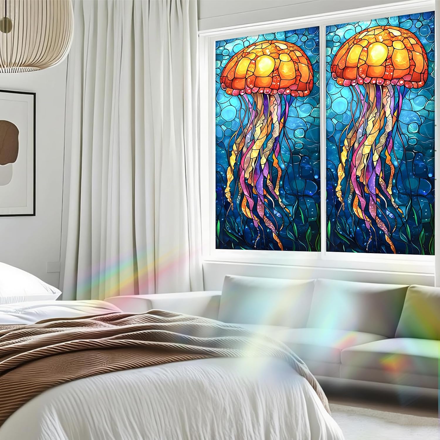 Nuxovilar Stained Glass Jellyfish Window Film, 16.9×39.4inch, Underwater Jellyfish Pattern Static Cling for Privacy & Decor (Frosted)