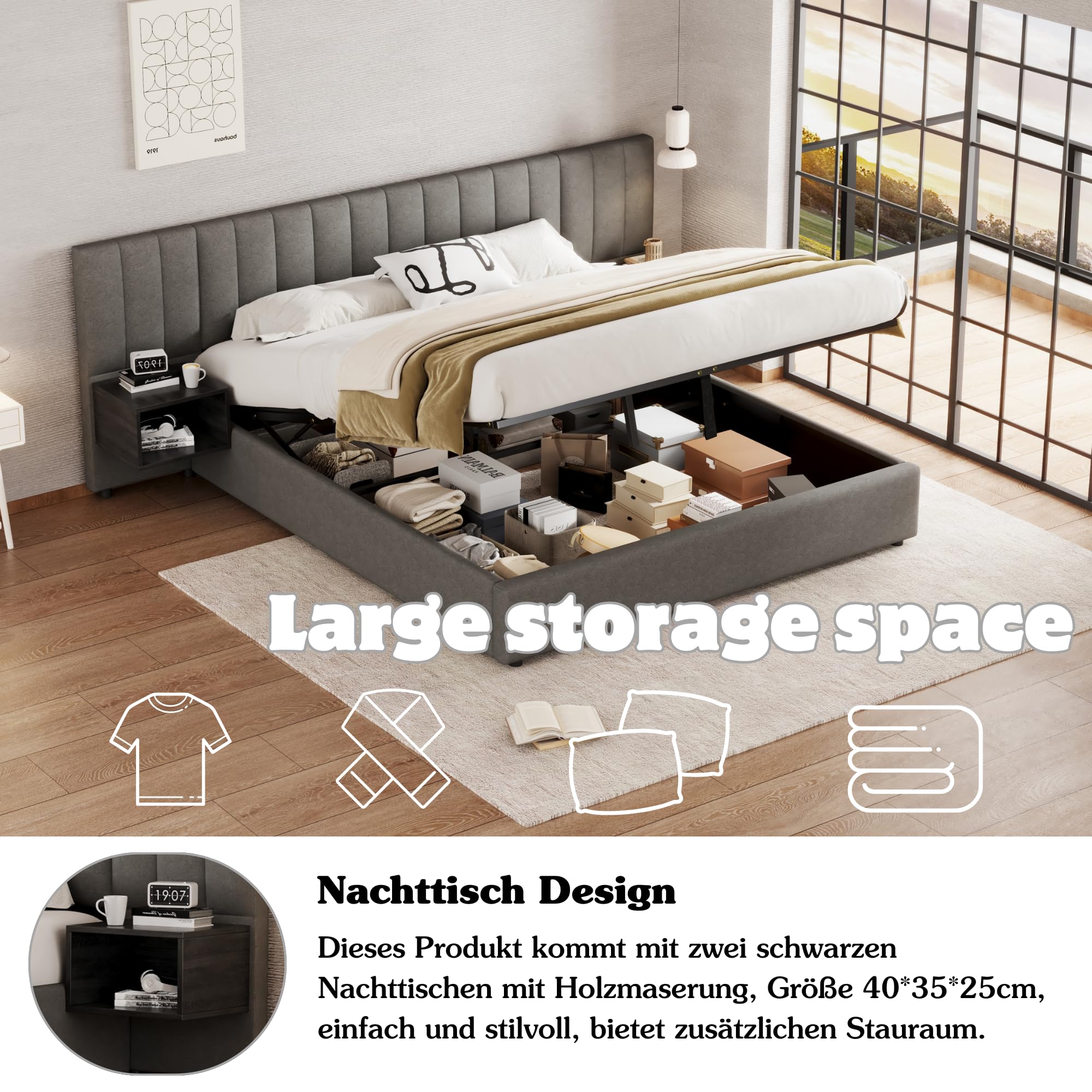 Cama Tapizada 180 x 200 cm con Almacenaje Hidráulico y Dos Mesillas con Cajones, Somier de Láminas de Madera, Cama para Dormitorio de Adultos y Jóvenes, Fácil Montaje, Tela Lino, Gris y Negro