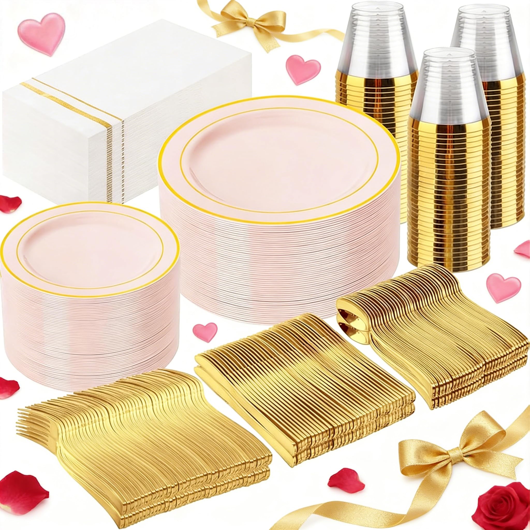 GATHER 350PCS Pink Plastic Plates - Disposable Plastic Dinnerware Set Include 100 Pink Plates, 150 Silverware, 50 Napkins, 50 Cups for Party & Wedding