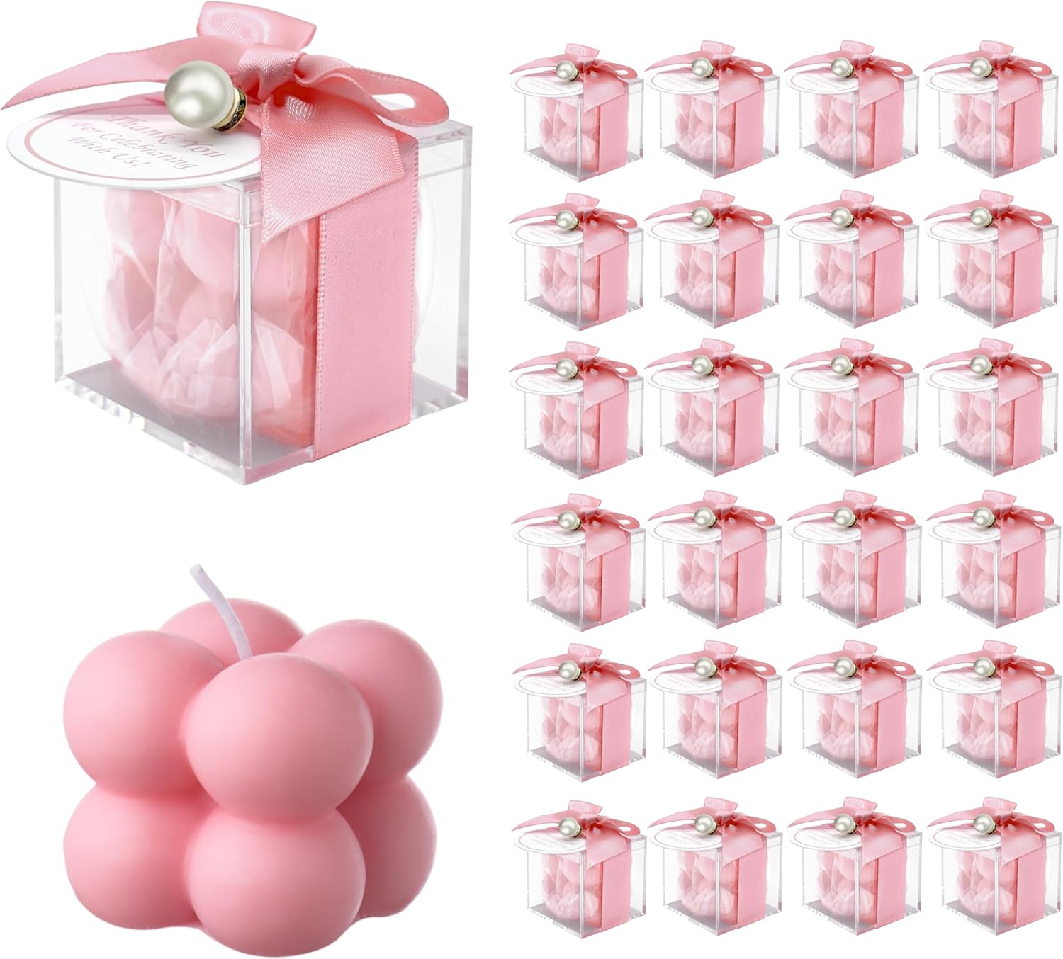 ACITHGL 30 Sets Fully Assembled Small Bubble Candle Party Favors for Guests Bulk Bridal Showers Favors Candles with Stylish Ribbons Thank You Cards Gifts (Pink)