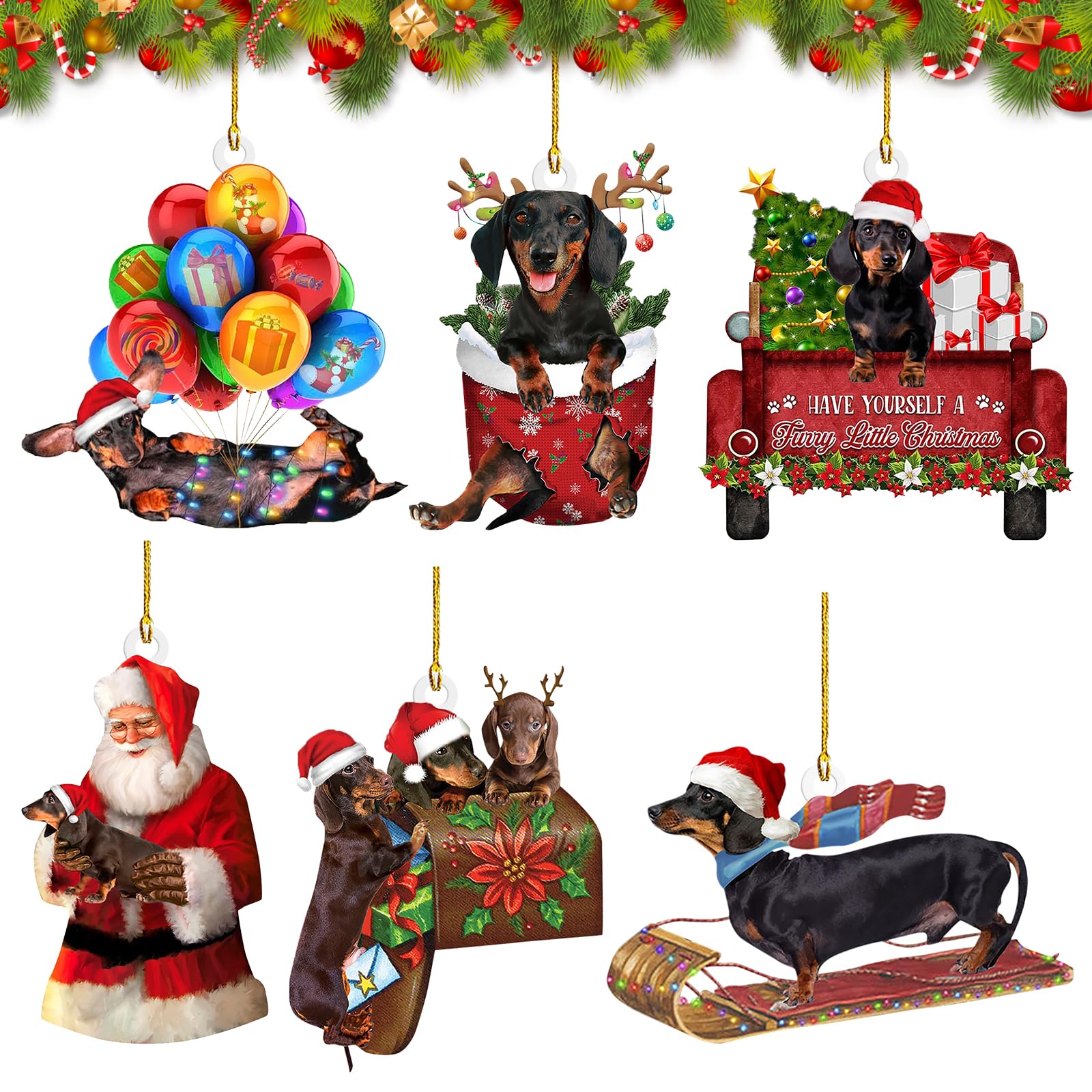 Adornos para árbol de Navidad, 6 piezas, perro salchicha, adornos personalizados, decoración navideña, perro salchicha, decoración navideña, divertido, decoración para colgar, mochila, decoración para