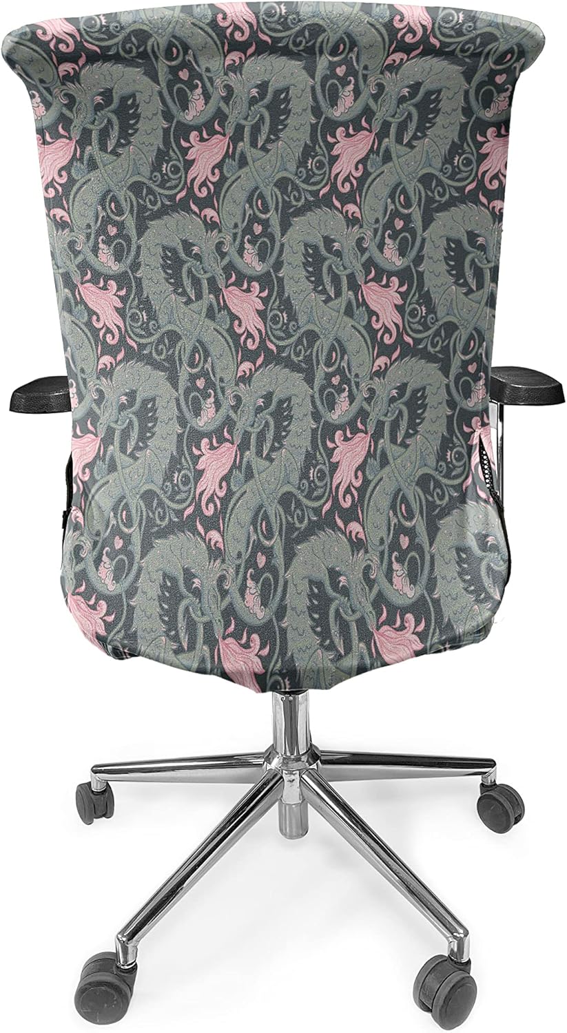 Lunarable Dragon Office Chair Cover, Spewing Pink Colored Basilisk Among Heart Shapes Flowers Dragon, Stretchable Decorative Universal Size High Back Printed Slipcover, Pink Charcoal